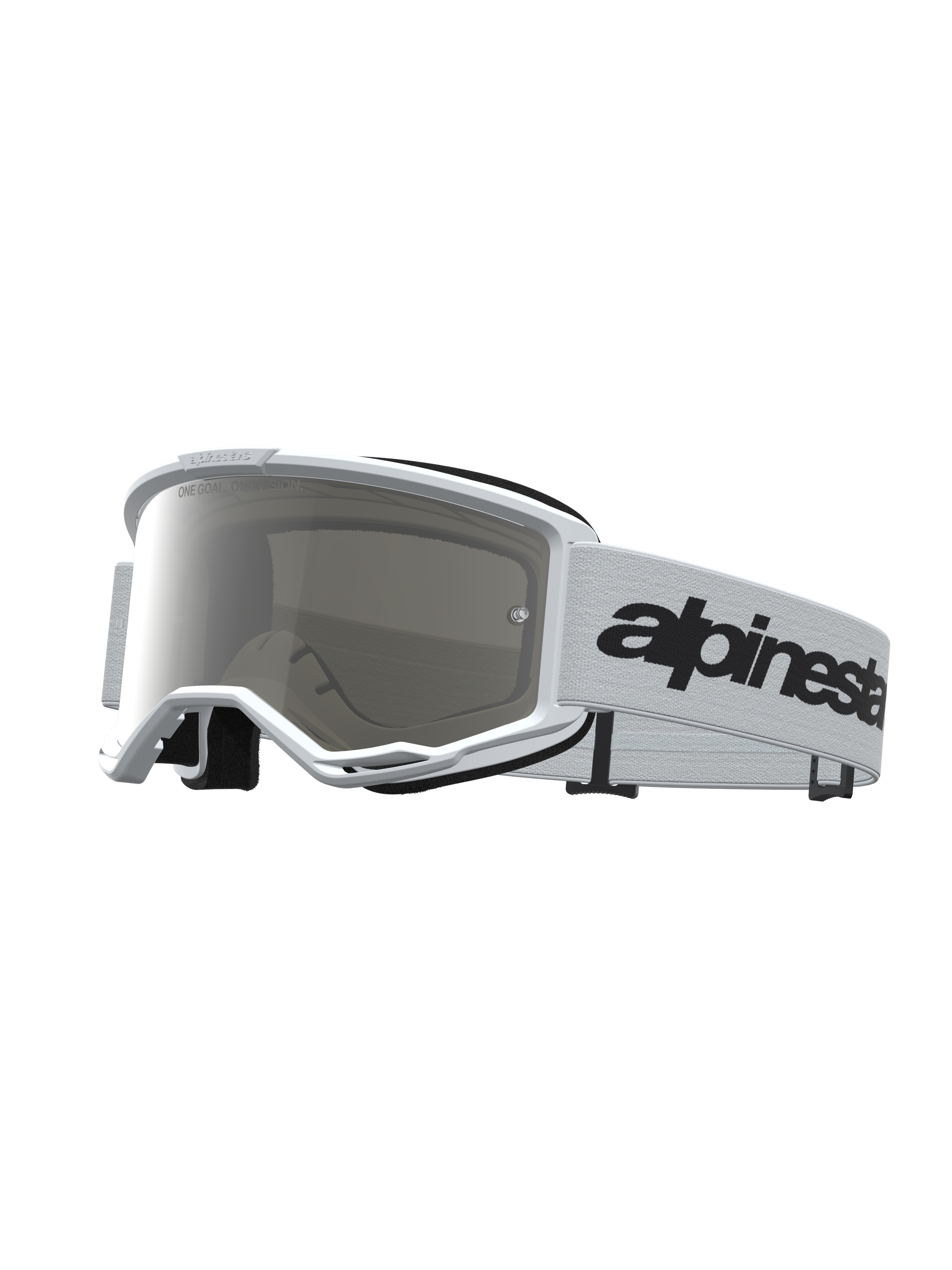 Alpinestars Vision 3 Wordmark Mirror Goggles, hvide motocross-goggles med sølvfarvet spejllinse, hvid rem med sort Alpinestars-logo, RAM-AIR ventilationssystem, CE-godkendt beskyttelse til MX.