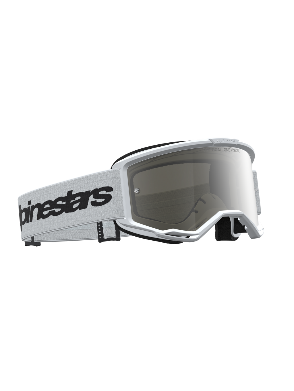 Alpinestars Vision 3 Wordmark Mirror goggles i hvid og sort med sølv spejllinse, anti-dug og RAM-AIR ventilation.