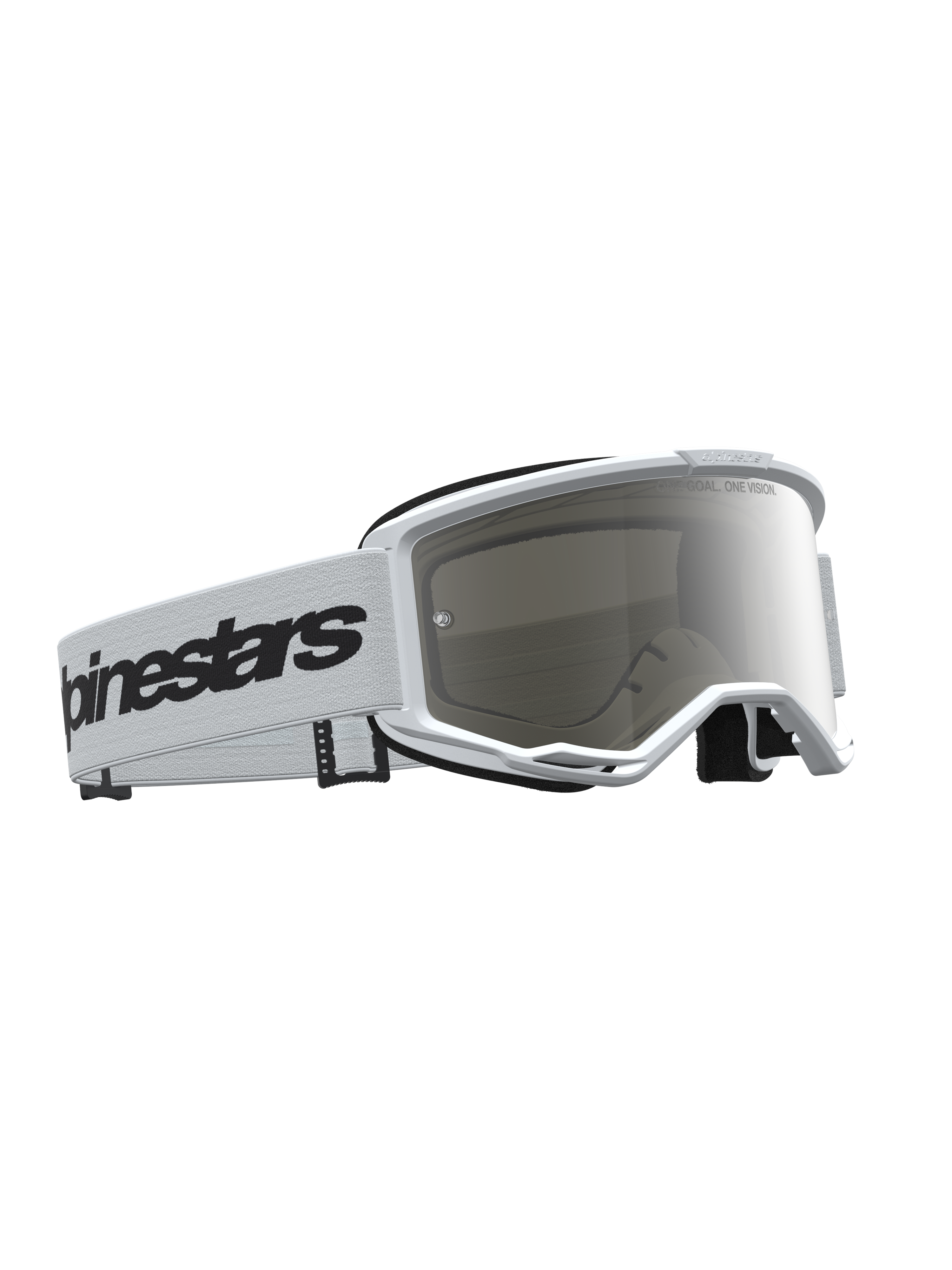 Alpinestars Vision 3 Wordmark Mirror goggles i hvid og sort med sølv spejllinse, anti-dug og RAM-AIR ventilation.