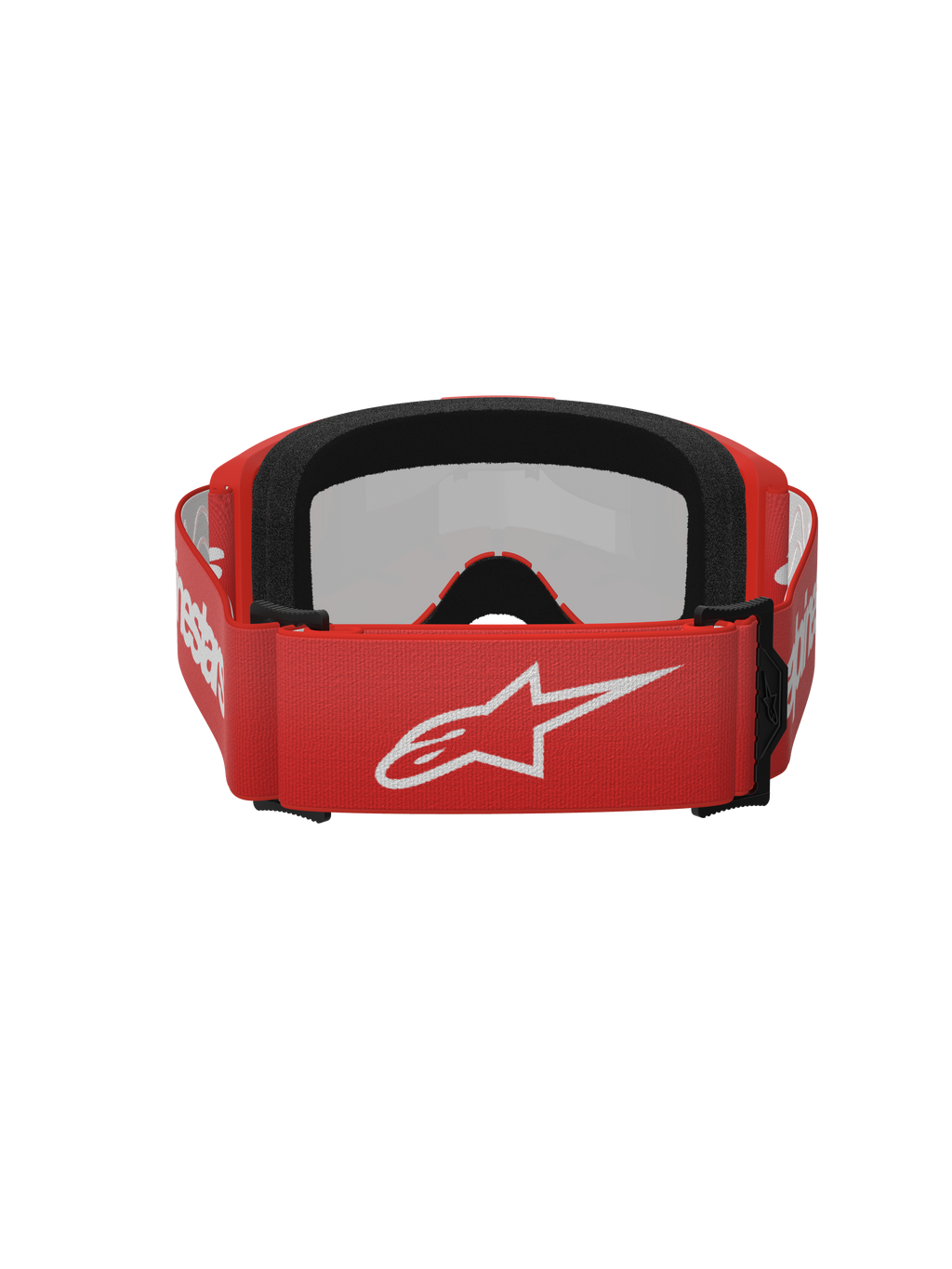 Alpinestars Vision 3 Wordmark goggles, motocross-briller, Red Mirror Silver, set bagfra med en rød vævet rem med et hvidt Alpinestars-logo, sort EO15-ansigtsskum og justerbar pasform til off-road kørsel