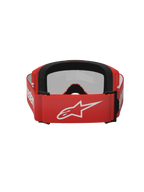 Alpinestars Vision 3 Wordmark goggles, motocross-briller, Red Mirror Silver, set bagfra med en rød vævet rem med et hvidt Alpinestars-logo, sort EO15-ansigtsskum og justerbar pasform til off-road kørsel