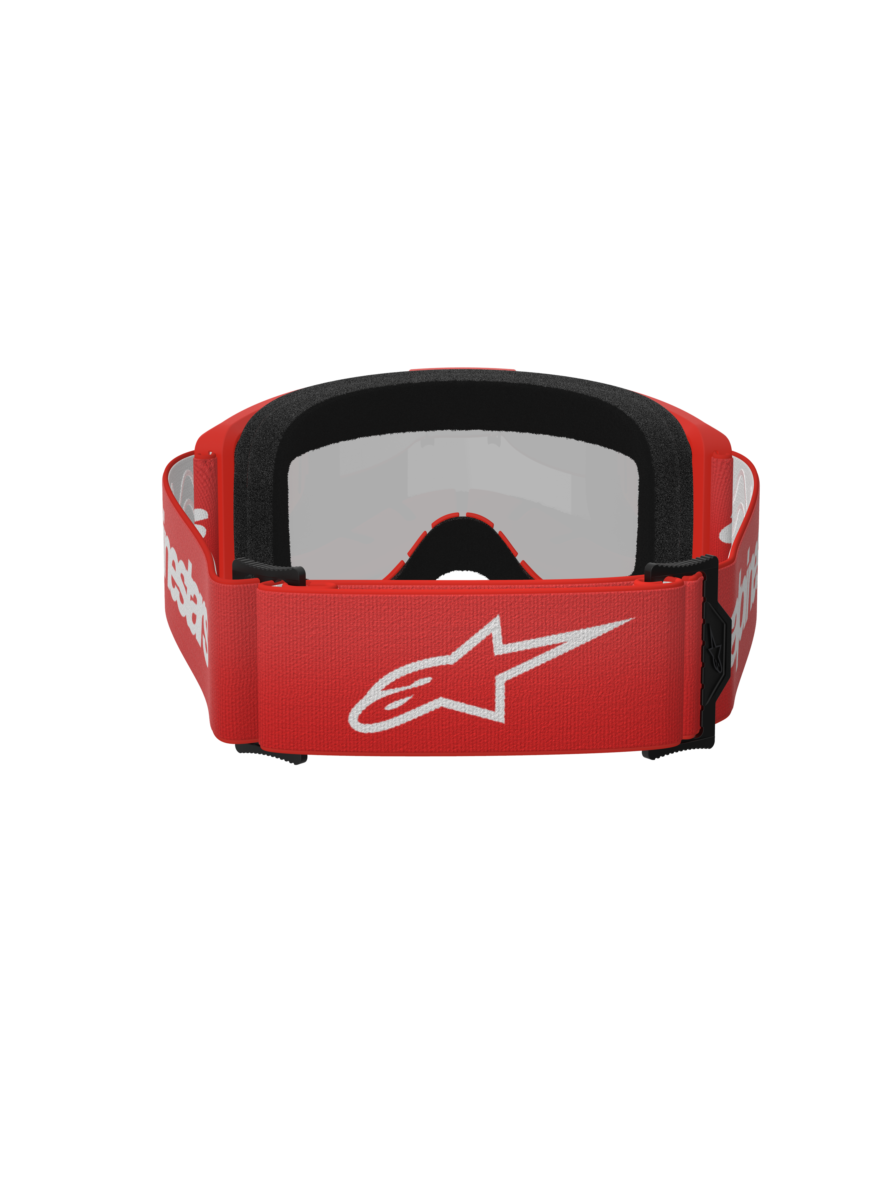 Alpinestars Vision 3 Wordmark goggles, motocross-briller, Red Mirror Silver, set bagfra med en rød vævet rem med et hvidt Alpinestars-logo, sort EO15-ansigtsskum og justerbar pasform til off-road kørsel