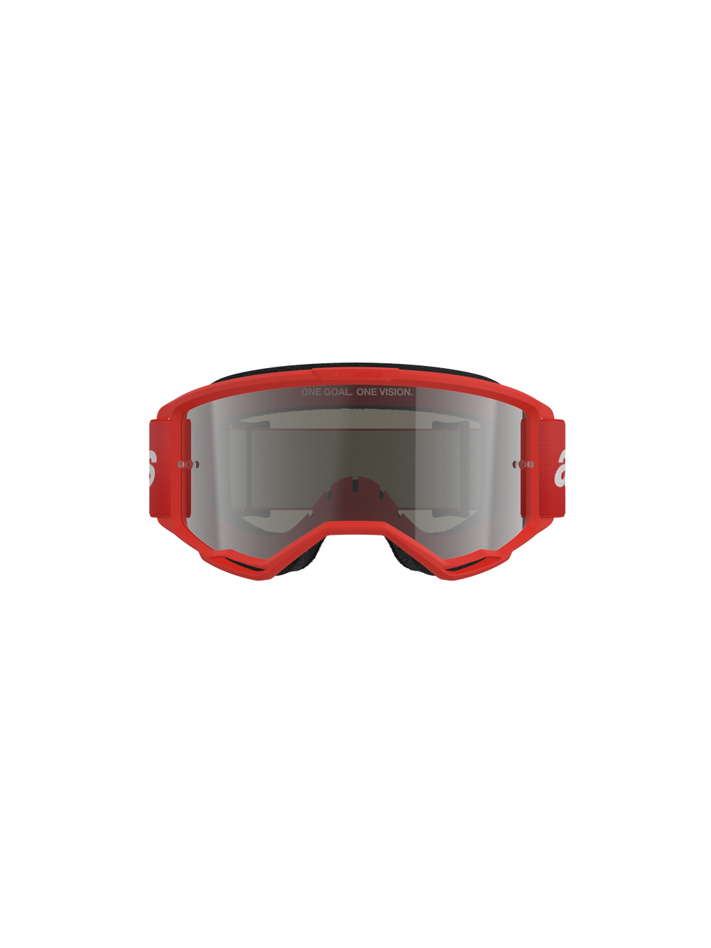 Alpinestars Vision 3 Wordmark Goggles, motocross-briller, rød ramme med Silver Mirror-linse, set forfra med 'ONE GOAL. ONE VISION.' tekst på linsen og en bred rød rem