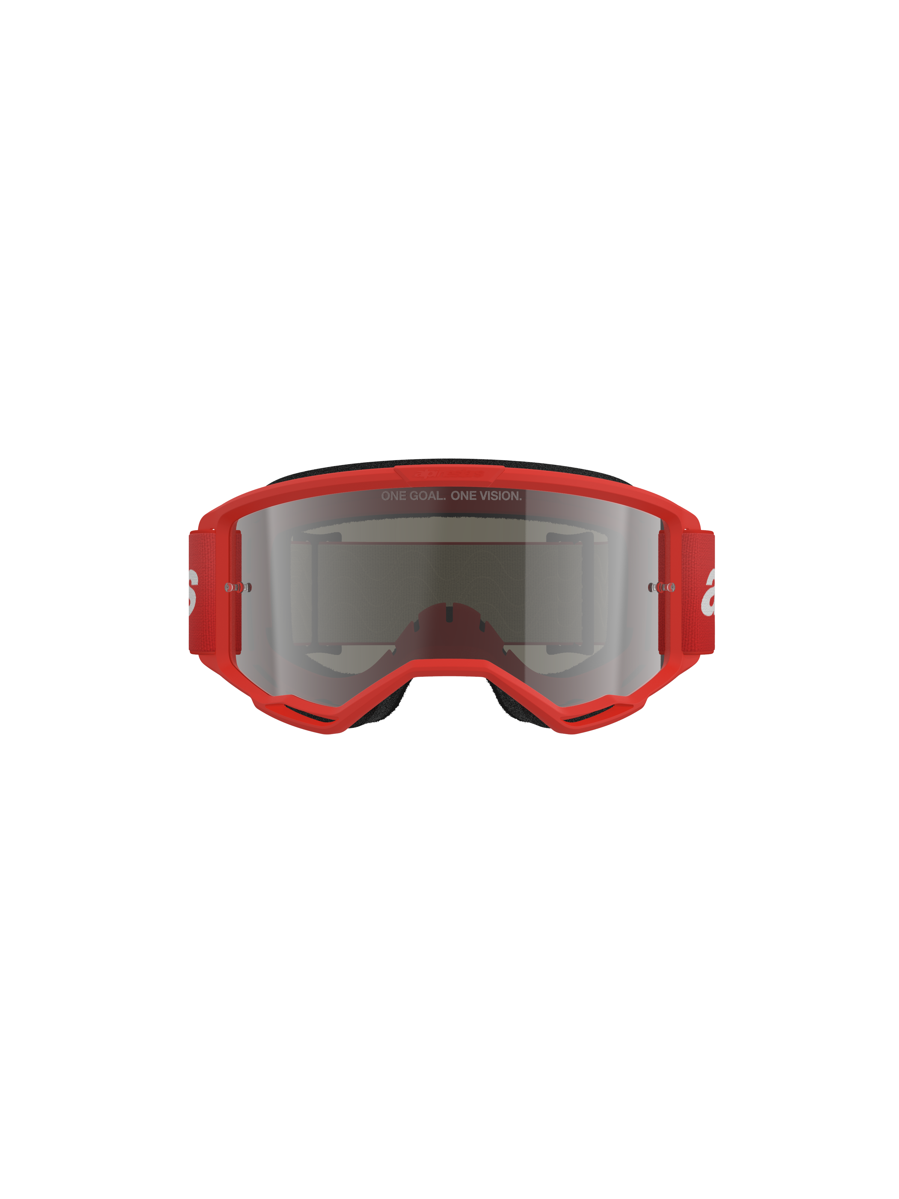 Alpinestars Vision 3 Wordmark Goggles, motocross-briller, rød ramme med Silver Mirror-linse, set forfra med 'ONE GOAL. ONE VISION.' tekst på linsen og en bred rød rem