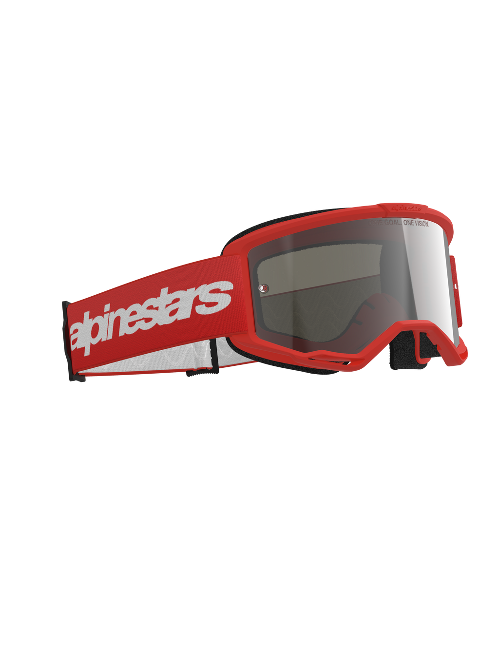 Alpinestars Vision 3 Wordmark goggles, motocross-goggles, rød ramme med en matchende rød rem med et stort hvidt wordmark-logo, sølvspejllinse, designet til off-road og motocross-kørsel
