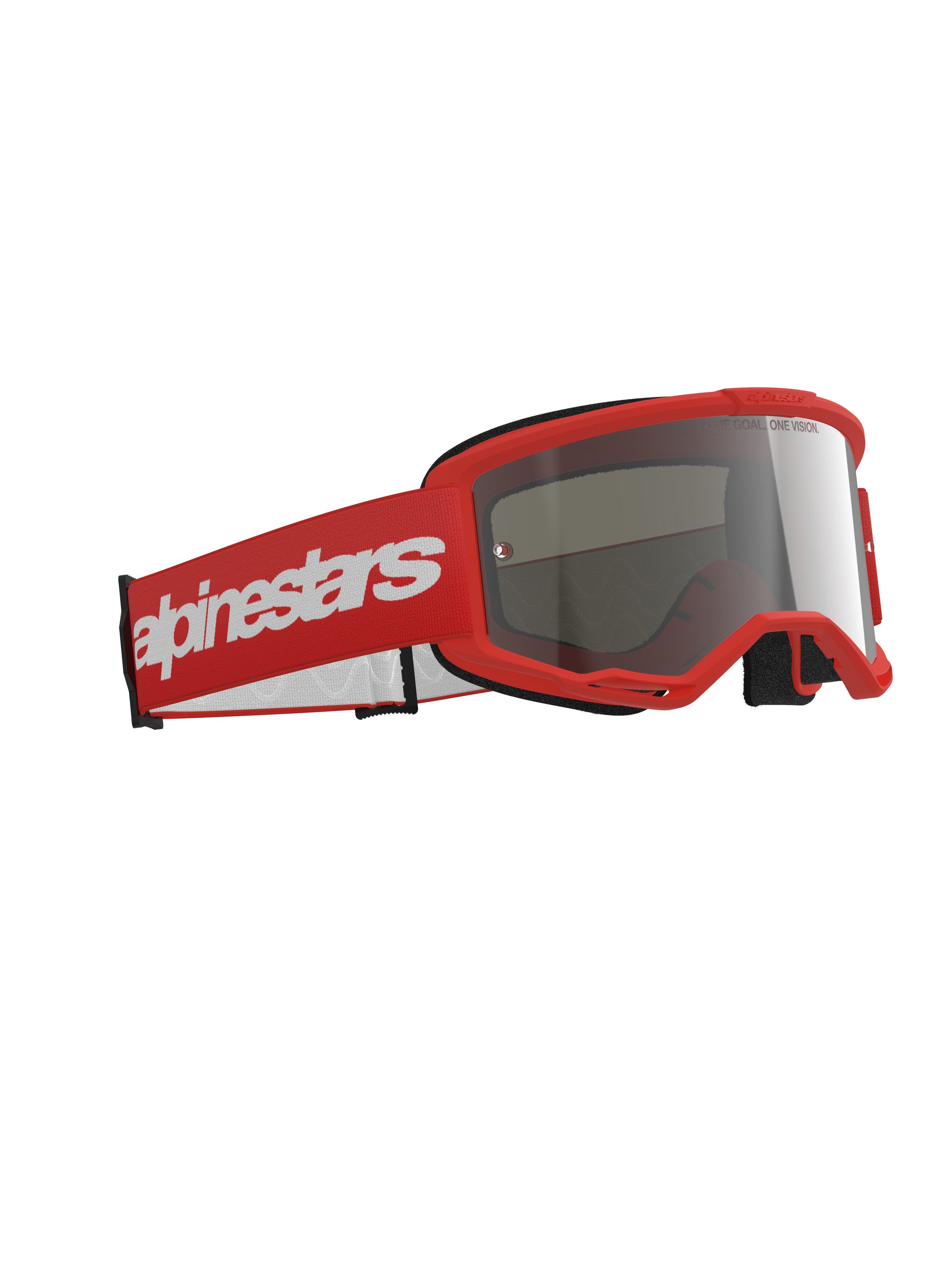 Alpinestars Vision 3 Wordmark goggles, motocross-goggles, rød ramme med en matchende rød rem med et stort hvidt wordmark-logo, sølvspejllinse, designet til off-road og motocross-kørsel