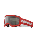 Alpinestars Vision 3 Wordmark-beskyttelsesbriller, motocross-briller, rød og sølv-spejl, klar rød ramme med sølvfarvet spejllinse, rød vævet rem med et stort hvidt wordmark-logo, sportslige off-road beskyttelsesbriller