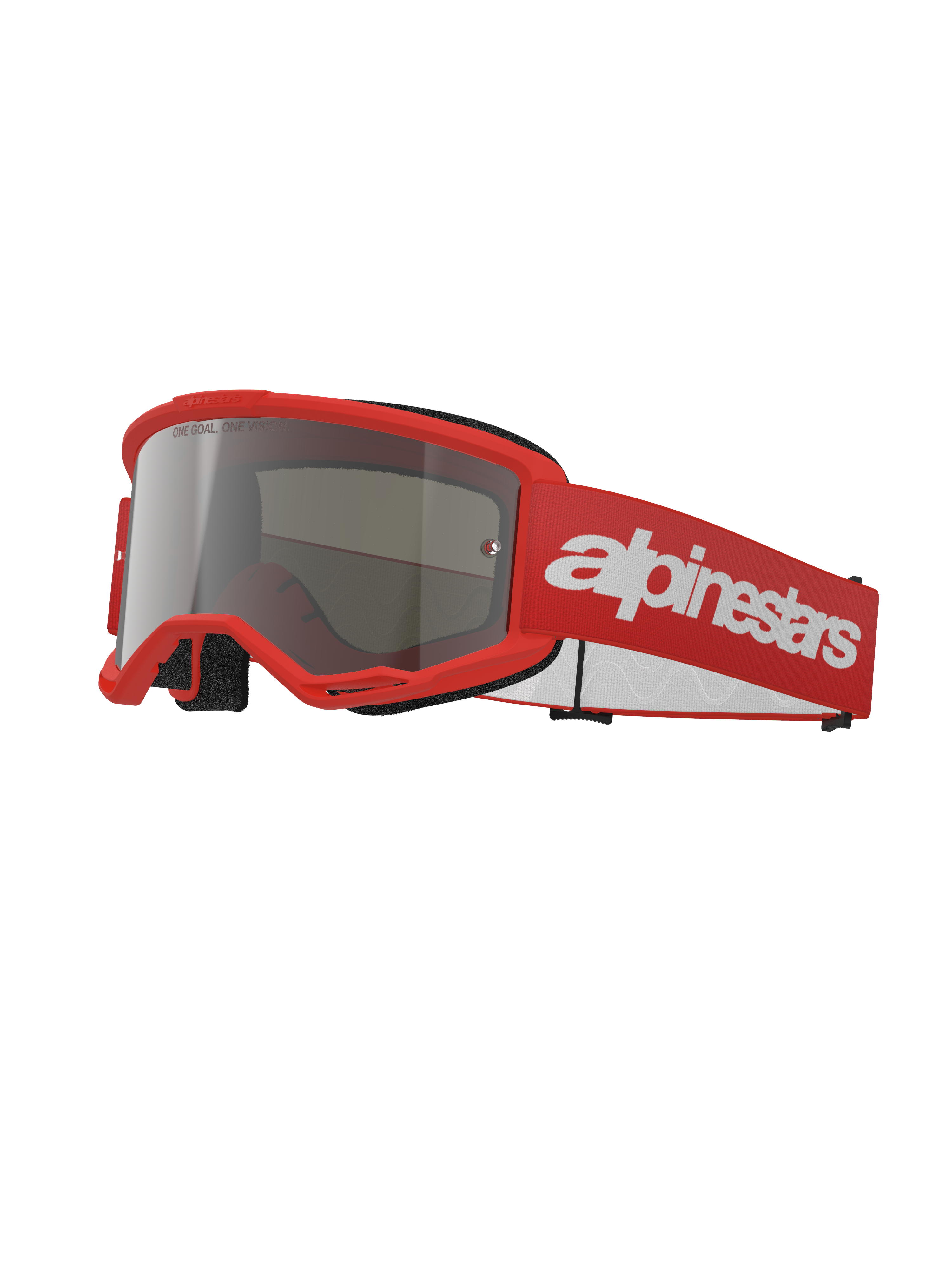 Alpinestars Vision 3 Wordmark-beskyttelsesbriller, motocross-briller, rød og sølv-spejl, klar rød ramme med sølvfarvet spejllinse, rød vævet rem med et stort hvidt wordmark-logo, sportslige off-road beskyttelsesbriller