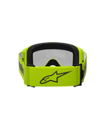 Alpinestars Vision 3 Wordmark Goggles, motocross-briller, fluorescerende gul og sølv-spejl, set bagfra med en bred fluorescerende gul rem med sort stjernelogo og branding, sort ansigtsskum, designet til off-road racing