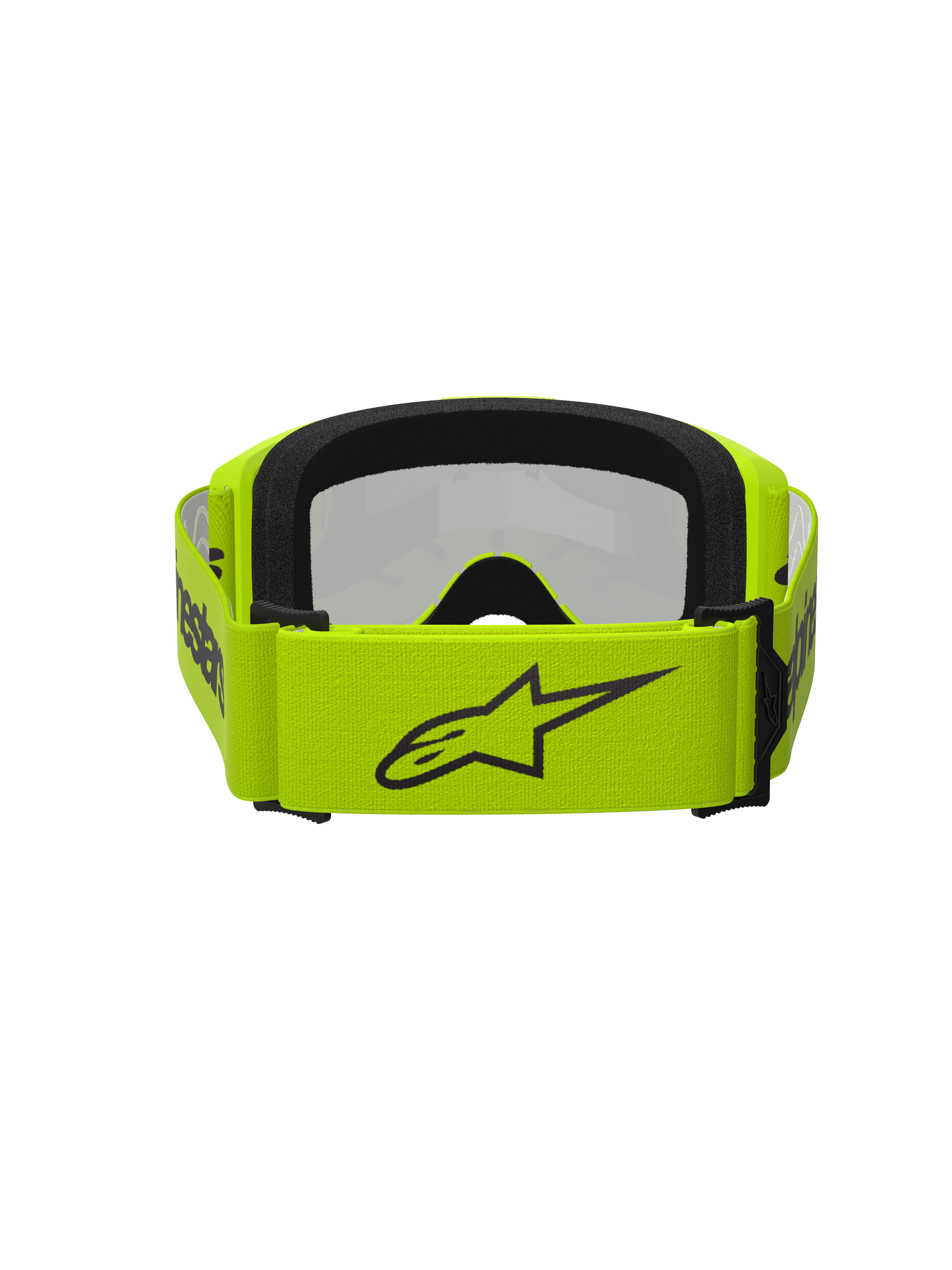 Alpinestars Vision 3 Wordmark Goggles, motocross-briller, fluorescerende gul og sølv-spejl, set bagfra med en bred fluorescerende gul rem med sort stjernelogo og branding, sort ansigtsskum, designet til off-road racing
