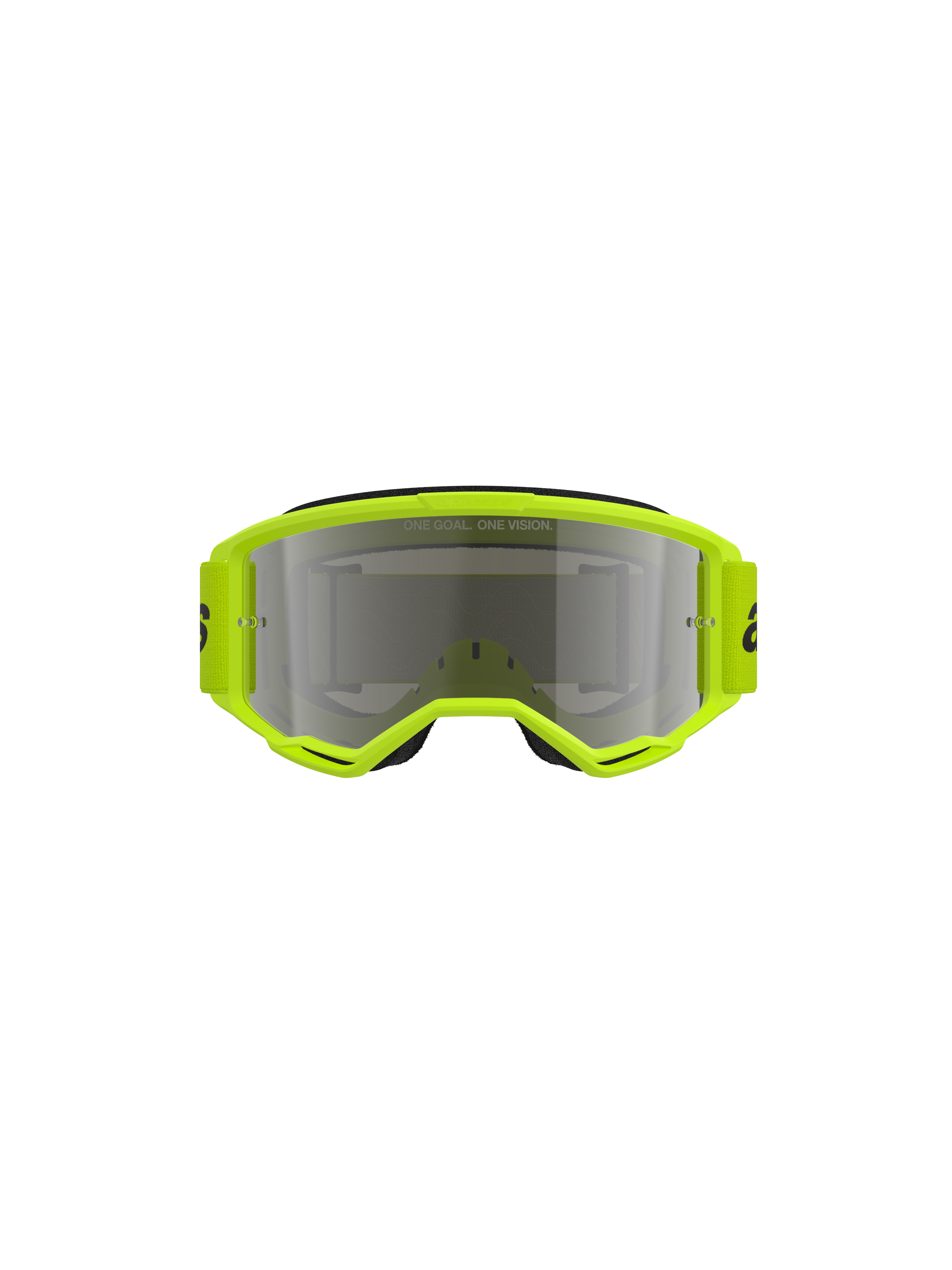 Alpinestars Vision 3 Wordmark Goggles, motocross-briller, gul fluo-ramme med Mirror Silver-linse, matchende gul rem med sort branding, set forfra med fokus på det brede synsfelt