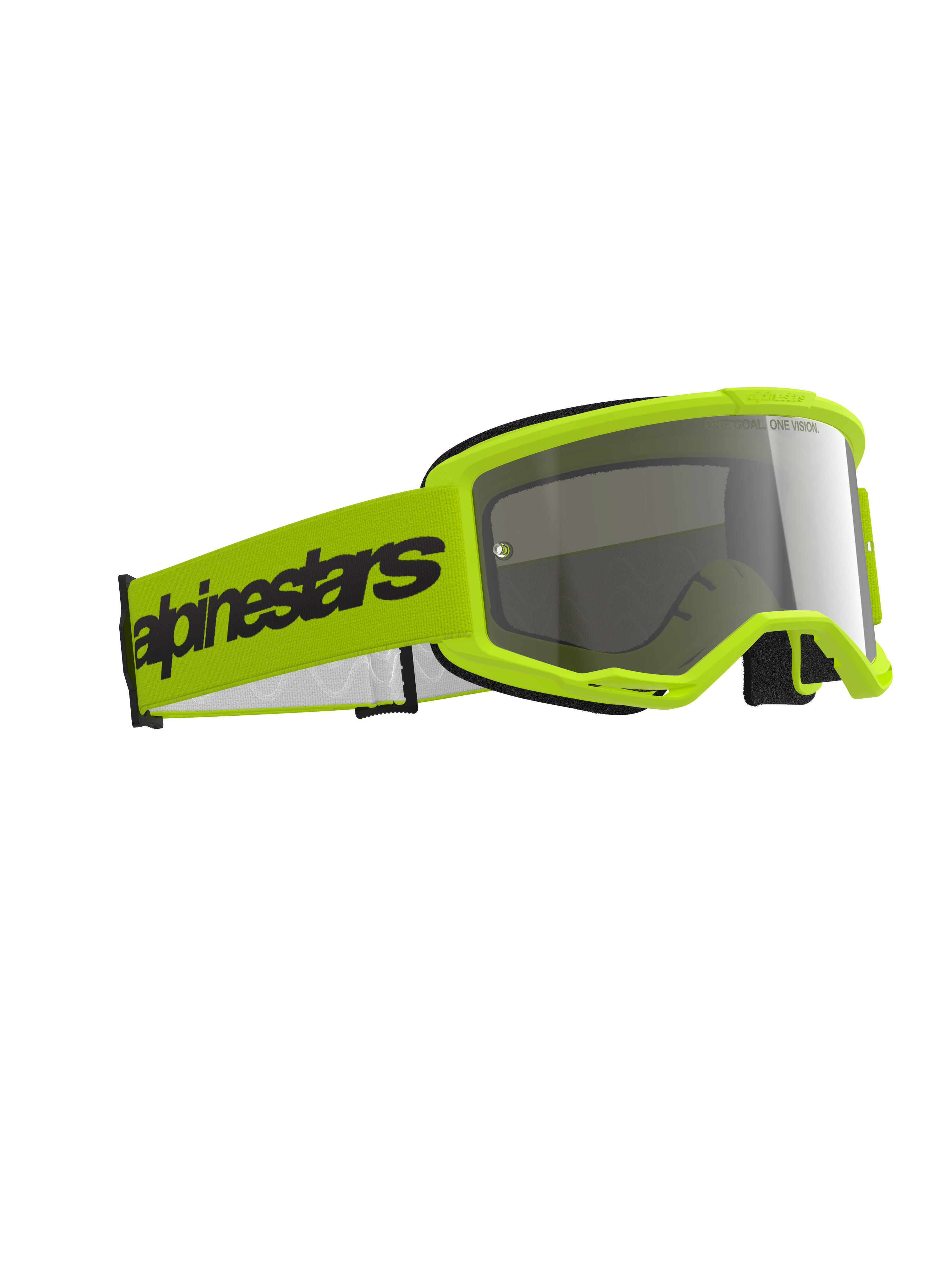 Alpinestars Vision 3 Wordmark Goggles, motocross-briller, neon gul og mirror silver, klar gul ramme med reflekterende sølvlinse, bred gul rem med sort Alpinestars-branding