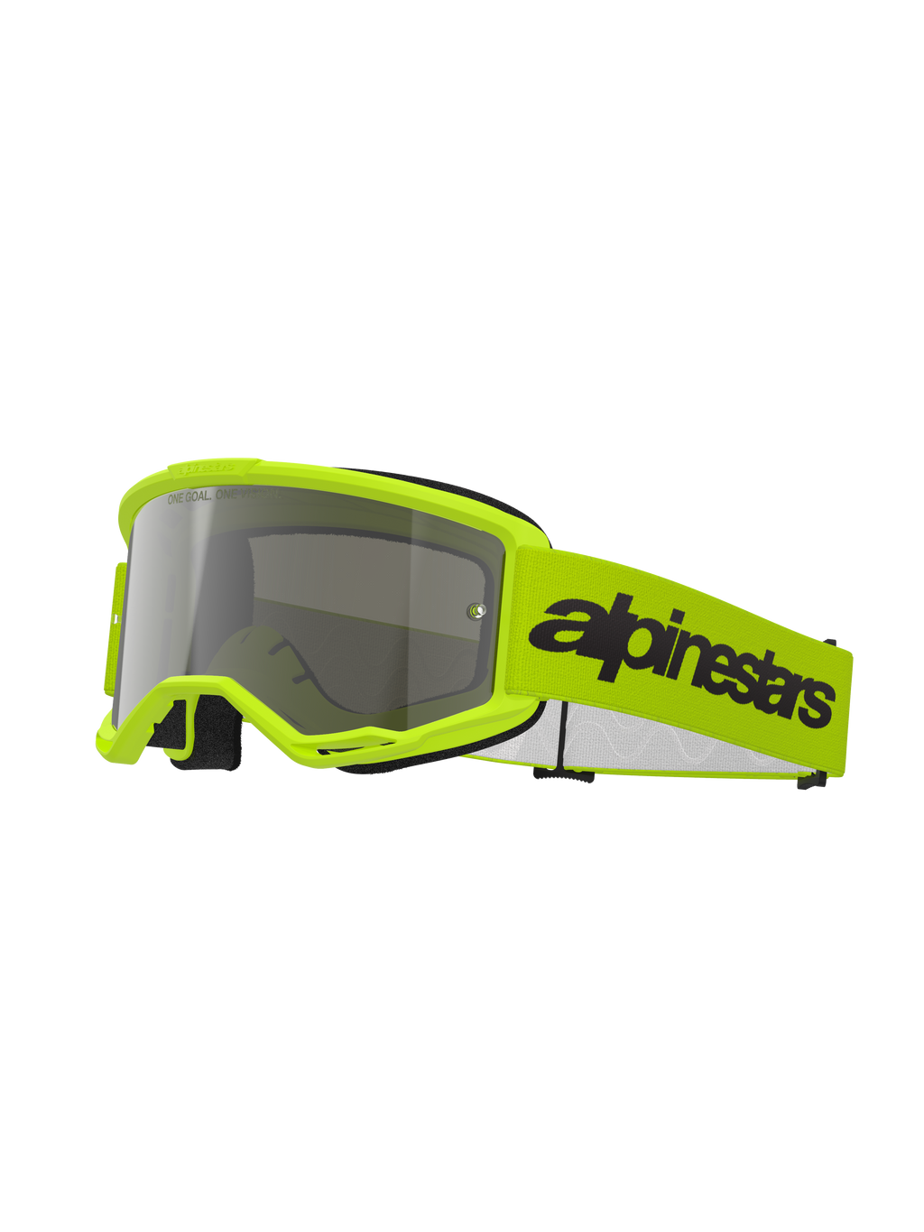 Alpinestars Vision 3 Wordmark Goggles, motocross-briller, gul fluo og sølvspejl, med en stærk gul ramme og rem med et markant sort Alpinestars-logo, højtydende øjenbeskyttelse til terrænkørsel
