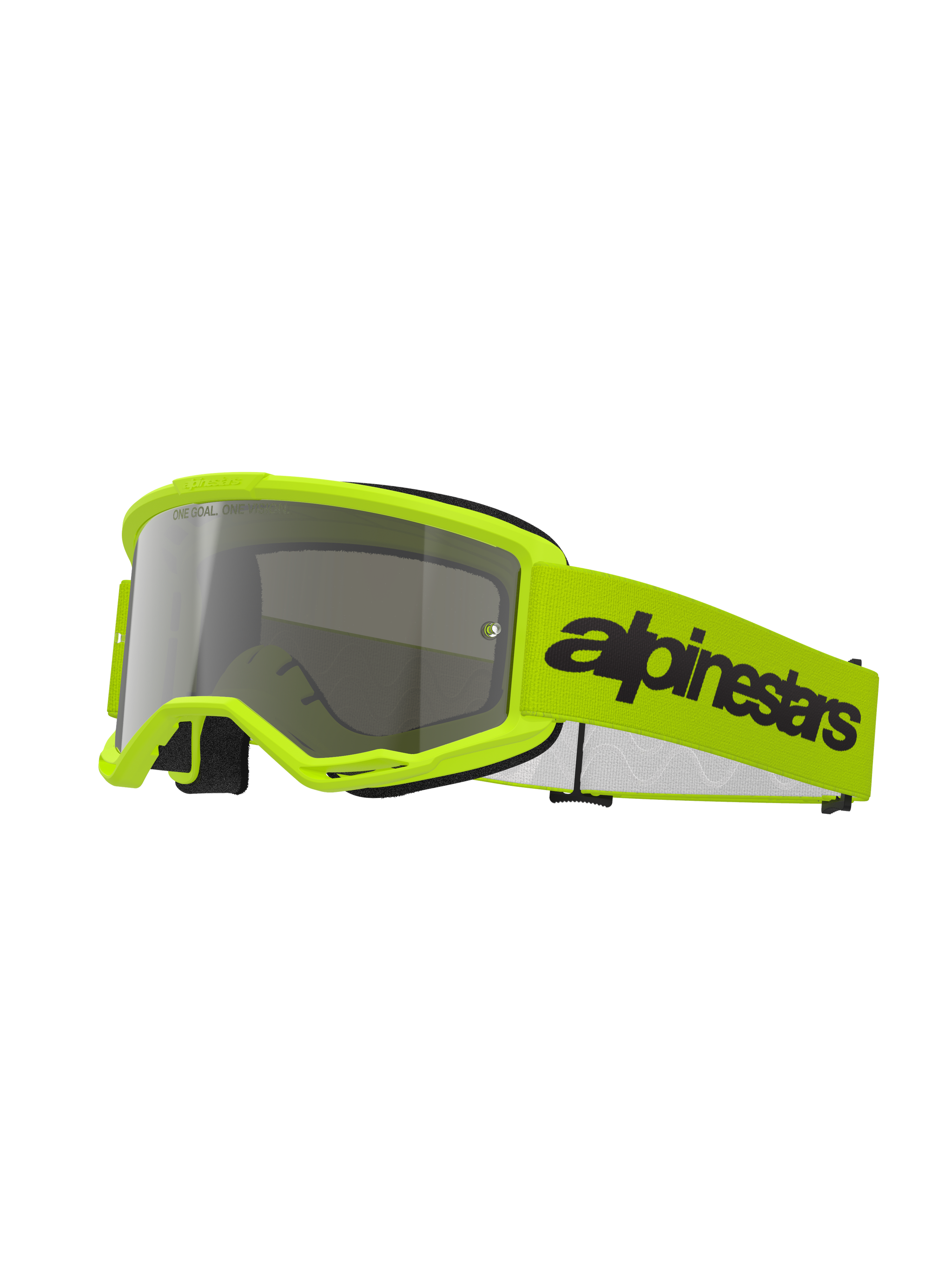 Alpinestars Vision 3 Wordmark Goggles, Motocross Goggles, Yellow Fluo and Silver Mirror, featuring a bright yellow frame and strap with a bold black Alpinestars logo, high-performance eye protection for off-road racing