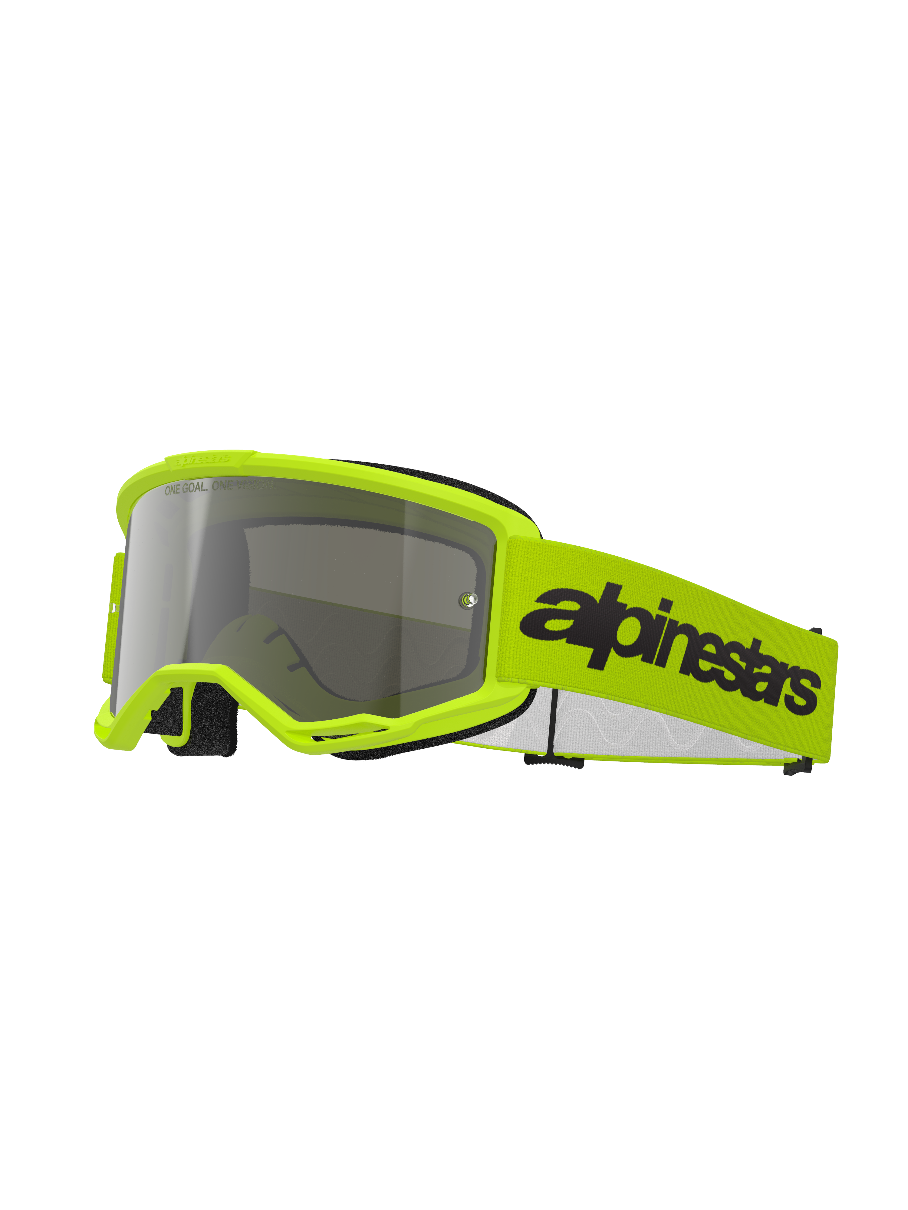 Alpinestars Vision 3 Wordmark Goggles, motocross-briller, gul fluo og sølvspejl, med en stærk gul ramme og rem med et markant sort Alpinestars-logo, højtydende øjenbeskyttelse til terrænkørsel