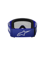 Alpinestars Vision 3 Wordmark Goggles, motocross-briller, Blue Mirror Silver, set bagfra med blå vævet rem, hvidt Alpinestars-logo og to-lags sort ansigtsskum