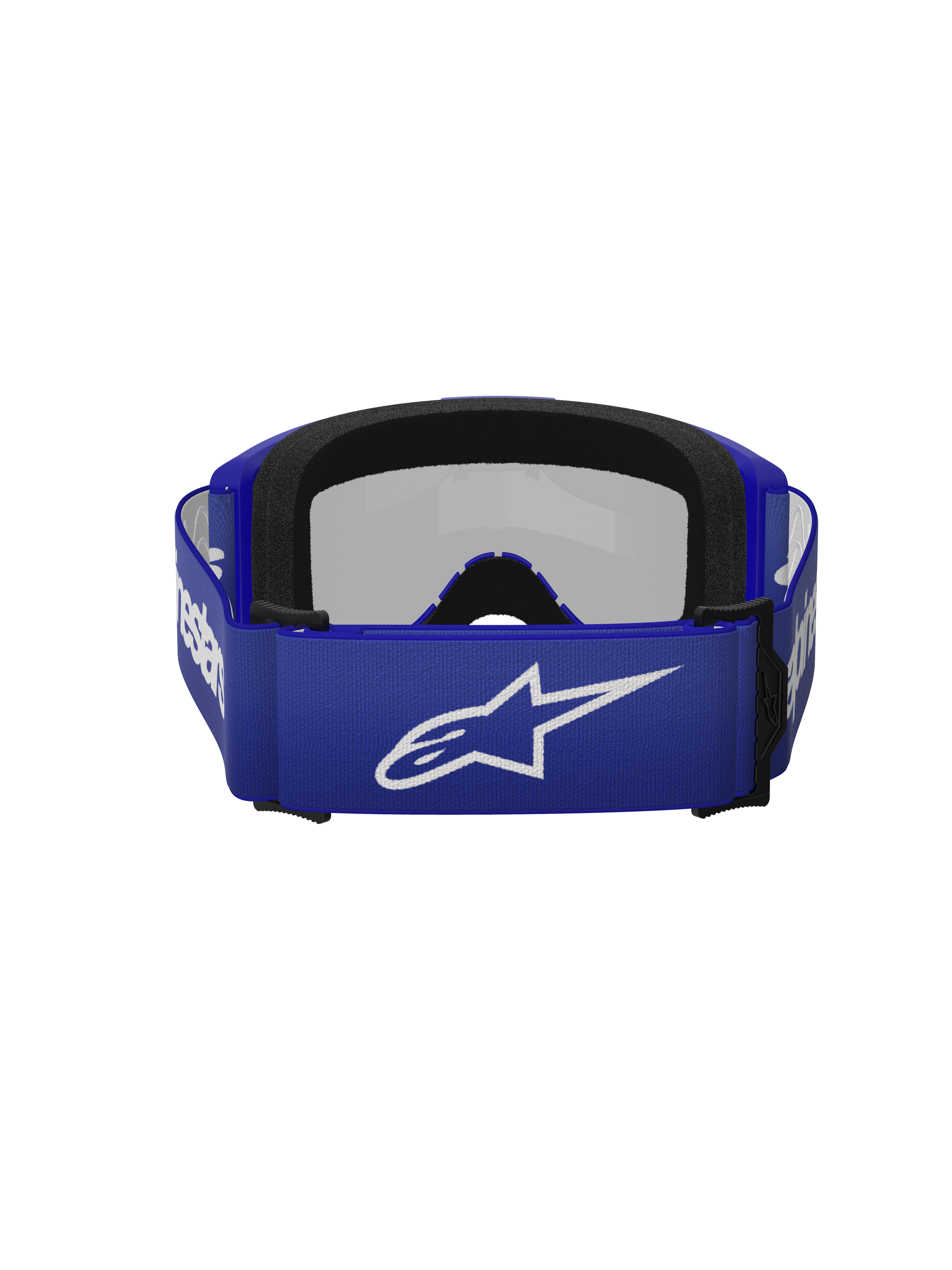 Alpinestars Vision 3 Wordmark Goggles, motocross-briller, Blue Mirror Silver, set bagfra med blå vævet rem, hvidt Alpinestars-logo og to-lags sort ansigtsskum
