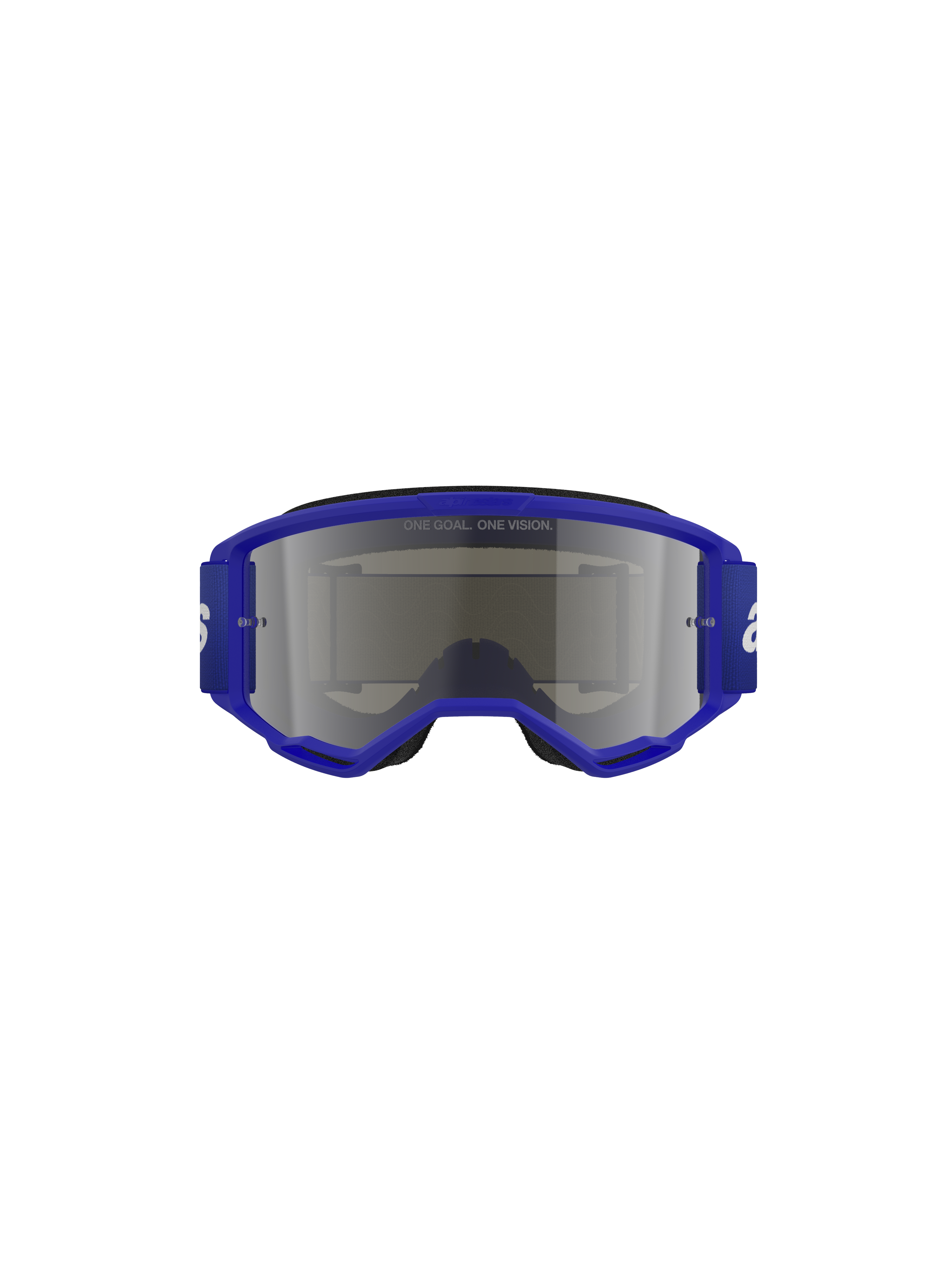 Alpinestars Vision 3 Wordmark Goggles, motocross-briller, blå og sølvspejl, med en klar blå ramme og bred rem med hvidt wordmark-logo, sølvspejllinse med 'ONE GOAL. ONE VISION.'-tekst, professionelt beskyttende øjenværn til terrænkørsel.