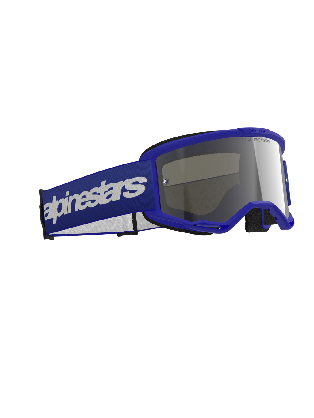 Alpinestars Vision 3 Wordmark Goggles, motocross-briller, blå med sølv-spejllinse, blå ramme og bred blå rem med hvidt logo, holdbart design til off-road racing