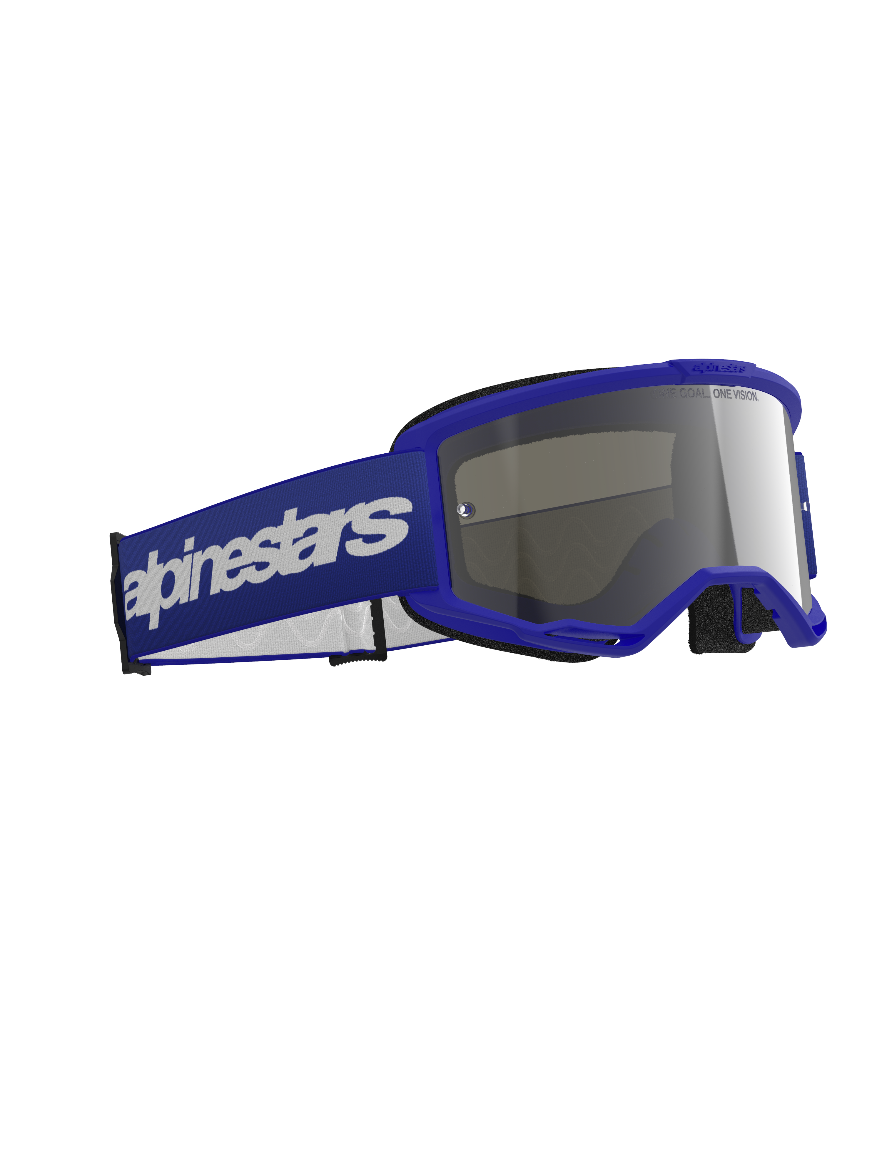 Alpinestars Vision 3 Wordmark Goggles, motocross-briller, blå med sølv-spejllinse, blå ramme og bred blå rem med hvidt logo, holdbart design til off-road racing