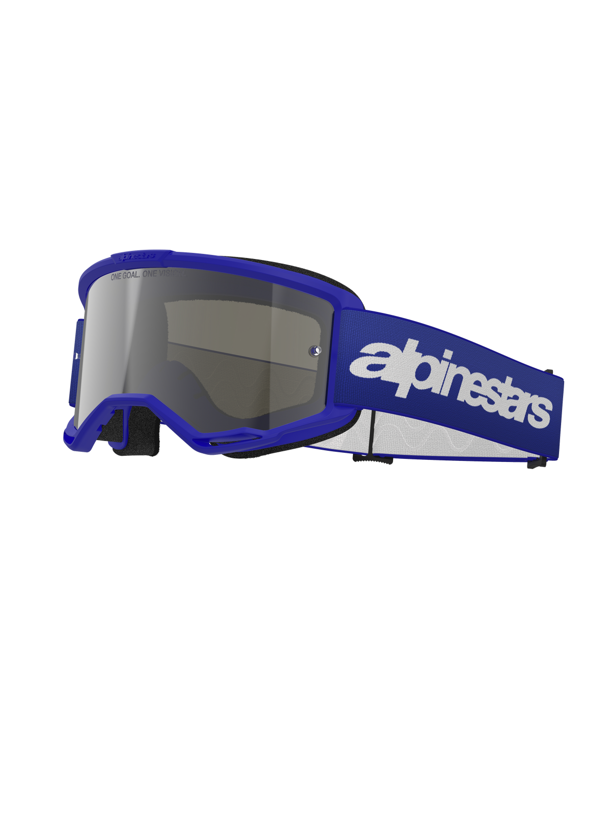 Alpinestars Vision 3 Wordmark Goggles, Motocross Goggles, Blue frame with Silver Mirror lens, wide adjustable blue strap with bold white Alpinestars wordmark logo, black face foam, protective eyewear for off-road and dirt bike riding