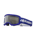Alpinestars Vision 3 Wordmark goggles, motocrossbriller, blå ramme med Silver Mirror-linse, bred justerbar blå rem med markant hvidt Alpinestars wordmark-logo, sort ansigtsskum, beskyttende briller til off-road og terrænkørsel