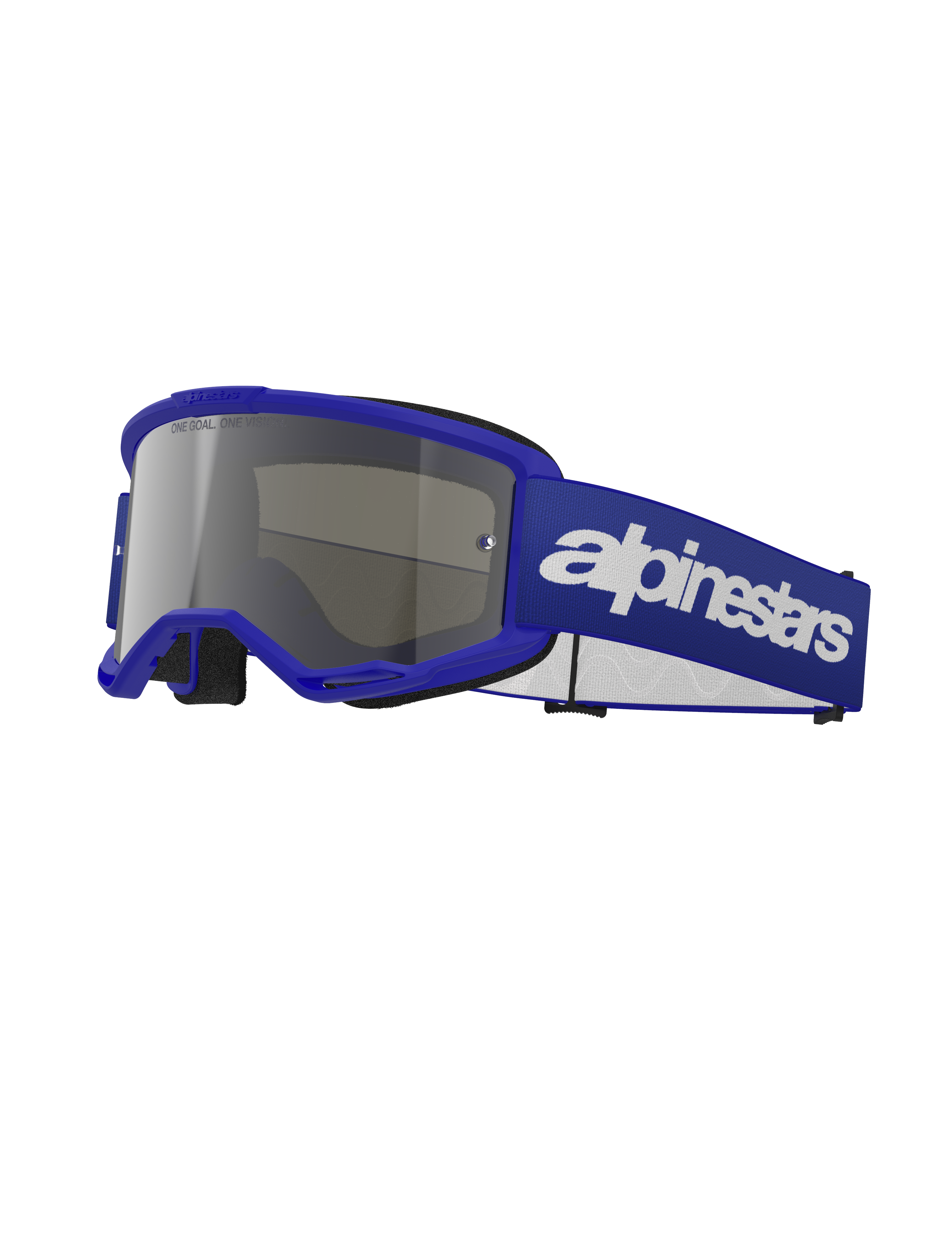 Alpinestars Vision 3 Wordmark goggles, motocrossbriller, blå ramme med Silver Mirror-linse, bred justerbar blå rem med markant hvidt Alpinestars wordmark-logo, sort ansigtsskum, beskyttende briller til off-road og terrænkørsel