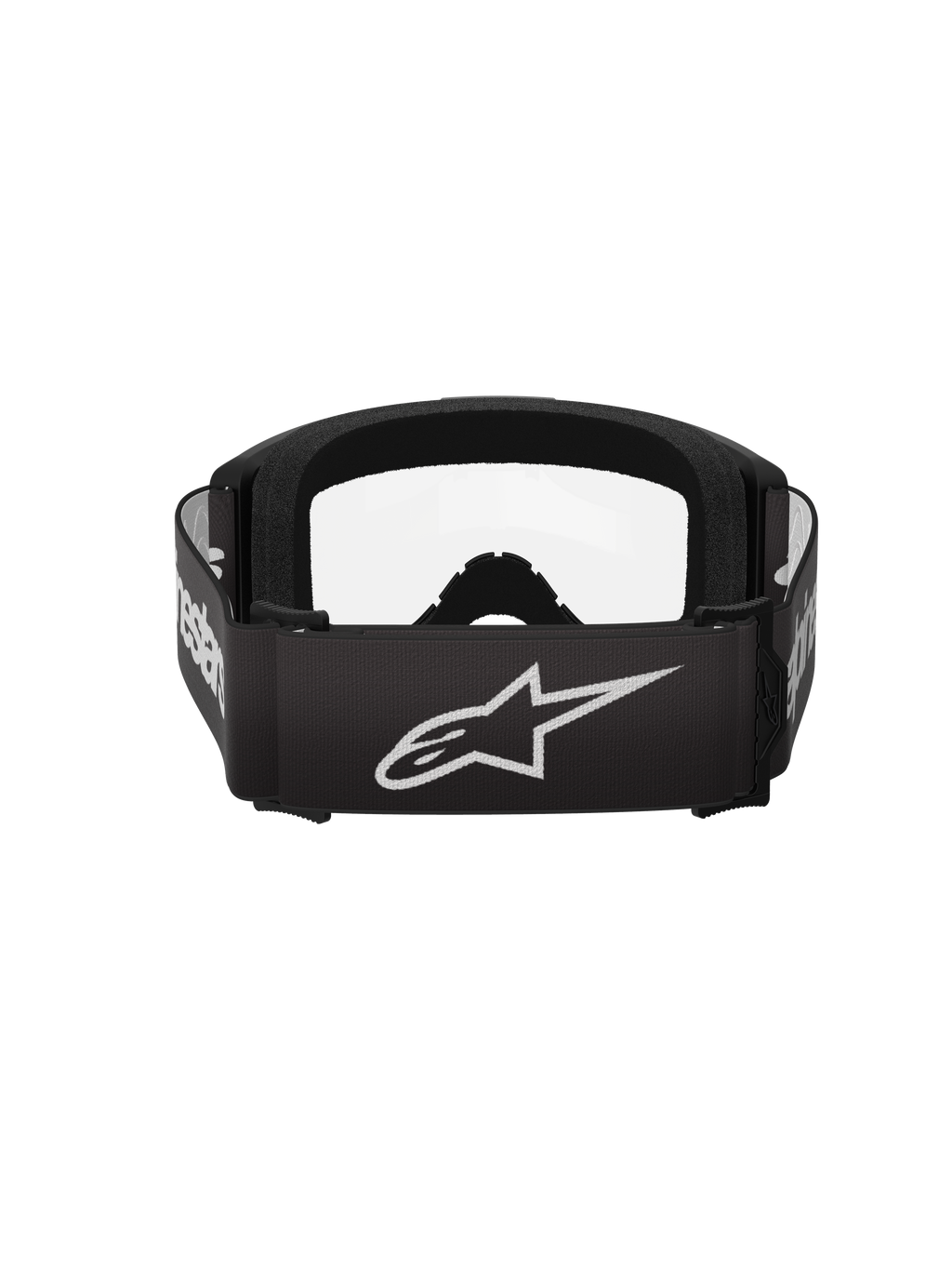 Alpinestars Vision 3 Wordmark Goggles, motocross-briller, sort og klar, set bagfra med en bred sort rem, hvidt Alpinestars stjernelogo og ordmærke, tykt sort ansigtsskum og klar linse.