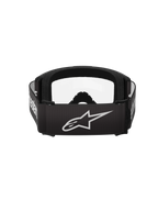 Alpinestars Vision 3 Wordmark Goggles, motocross-briller, sort og klar, set bagfra med en bred sort rem, hvidt Alpinestars stjernelogo og ordmærke, tykt sort ansigtsskum og klar linse.