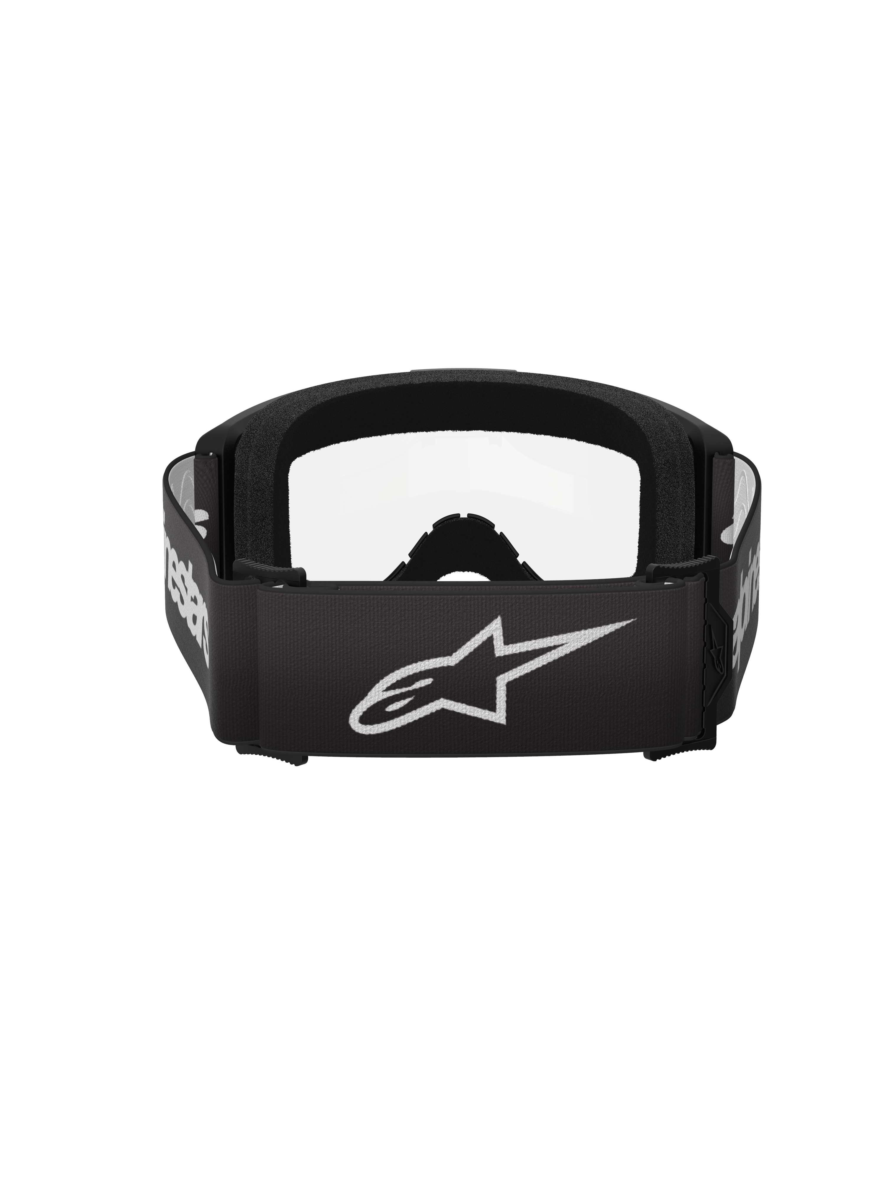 Alpinestars Vision 3 Wordmark Goggles, motocross-briller, sort og klar, set bagfra med en bred sort rem, hvidt Alpinestars stjernelogo og ordmærke, tykt sort ansigtsskum og klar linse.