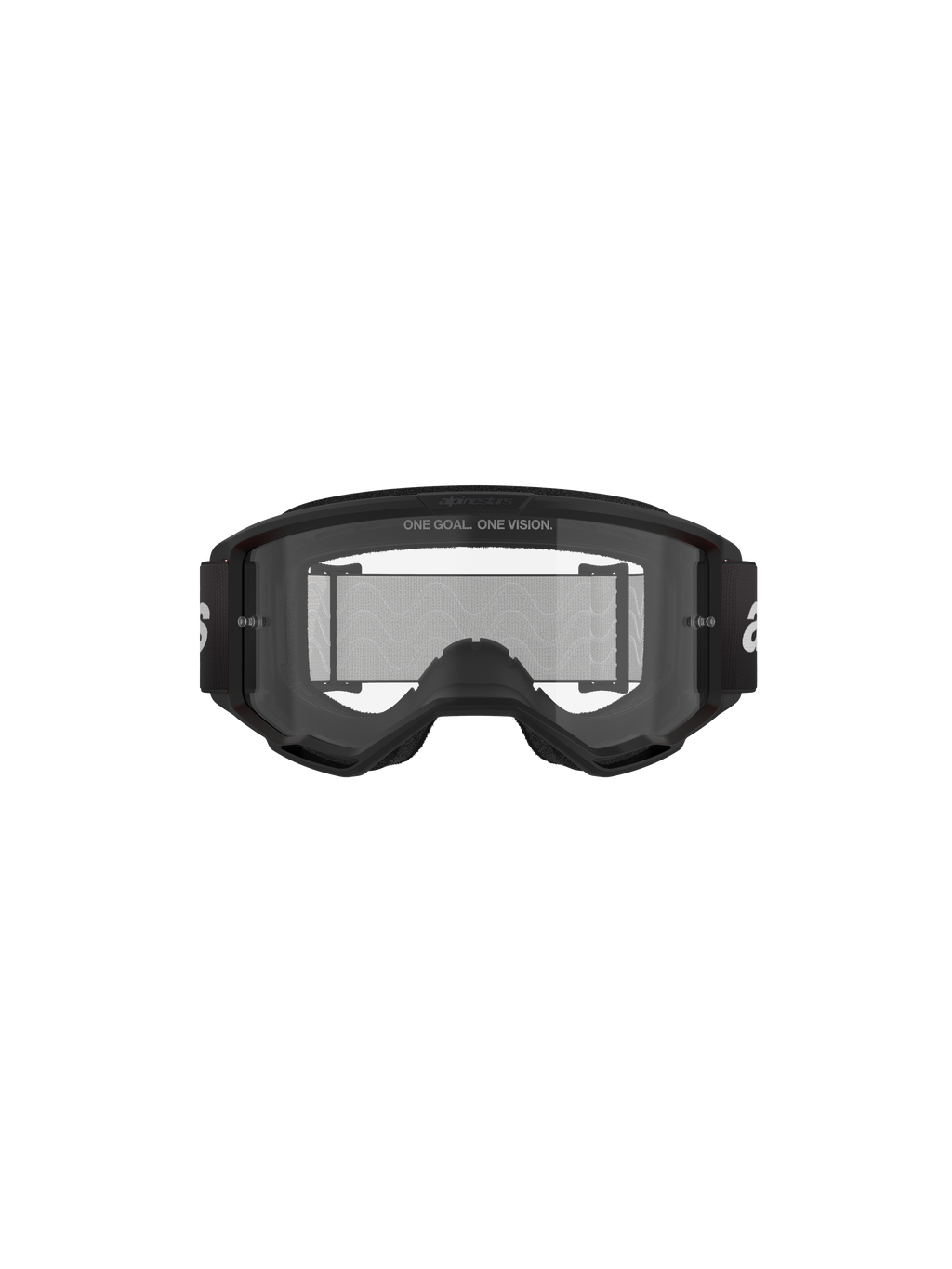 Alpinestars Vision 3 Wordmark Goggles, motocross-briller, sort og klar, set forfra med klar anti-dug linse, A-FLEX-ramme, sort rem med hvidt Alpinestars-logo og 'ONE GOAL. ONE VISION.' slogan-detalje.