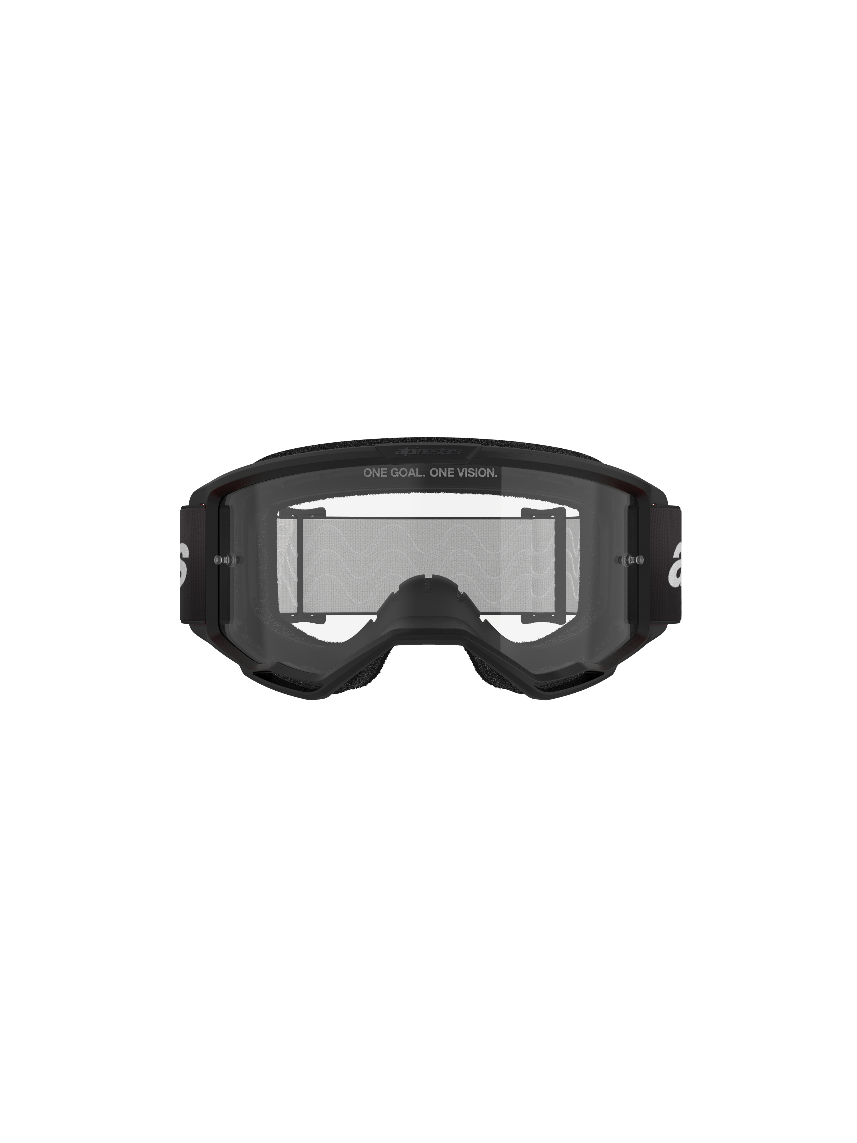Alpinestars Vision 3 Wordmark Goggles, motocross-briller, sort og klar, set forfra med klar anti-dug linse, A-FLEX-ramme, sort rem med hvidt Alpinestars-logo og 'ONE GOAL. ONE VISION.' slogan-detalje.