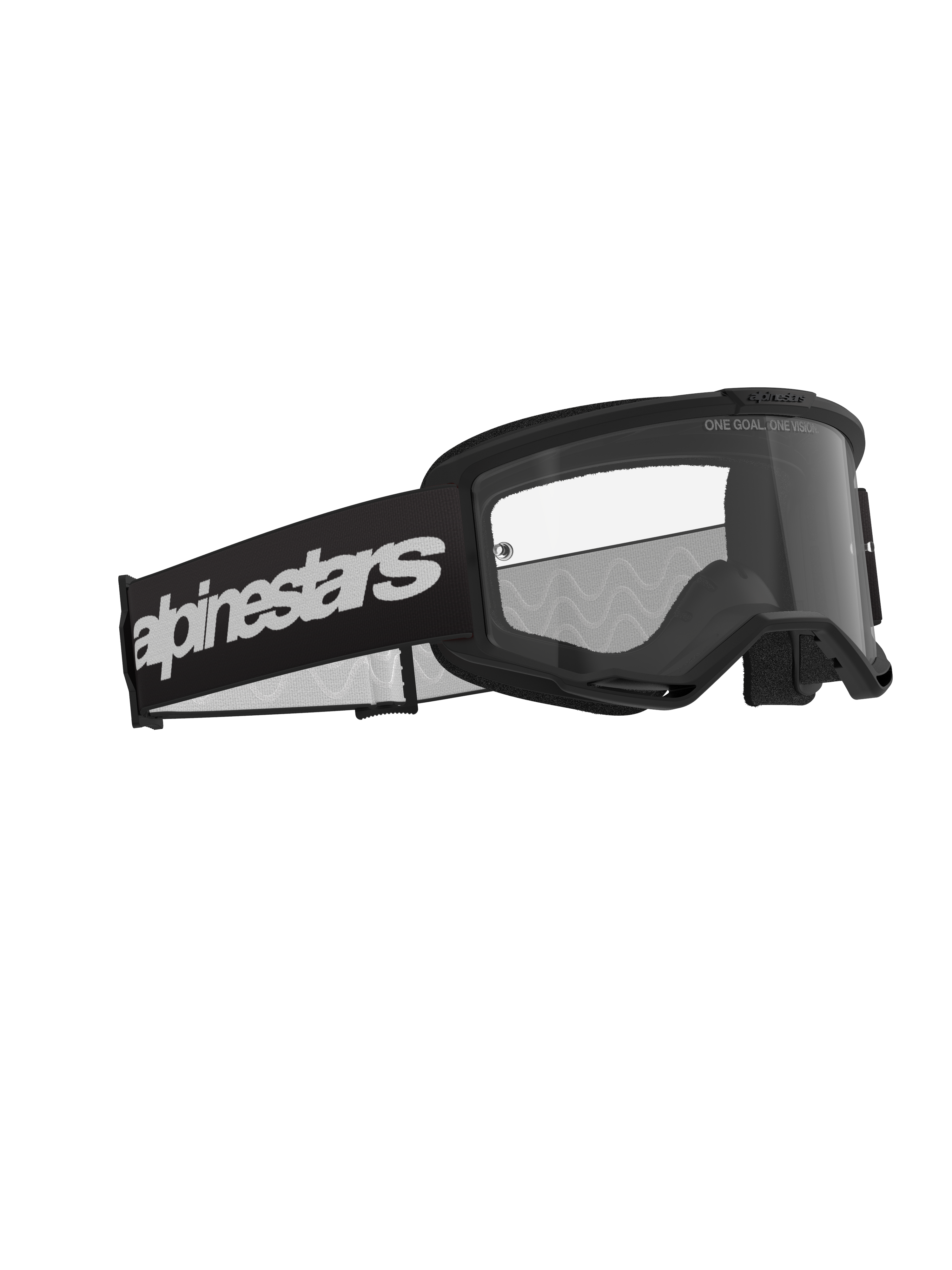 Alpinestars Vision 3 Wordmark briller, motocross briller, sort og klar, med en bred sort rem med et markant hvidt wordmark-logo, klar anti-dug linse med "ONE GOAL. ONE VISION." tekst, strømlinet performance-design til off-road racing