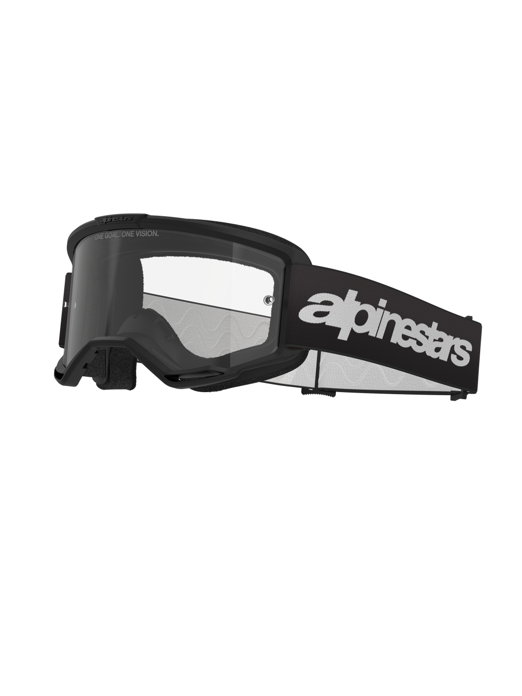 Alpinestars Vision 3 Wordmark Goggles, motocrossbriller, sort og klar, med markant hvid Alpinestars-branding på remmen, klar linse med 'ONE GOAL. ONE VISION.' tekst og et strømlinet, minimalistisk steldesign.