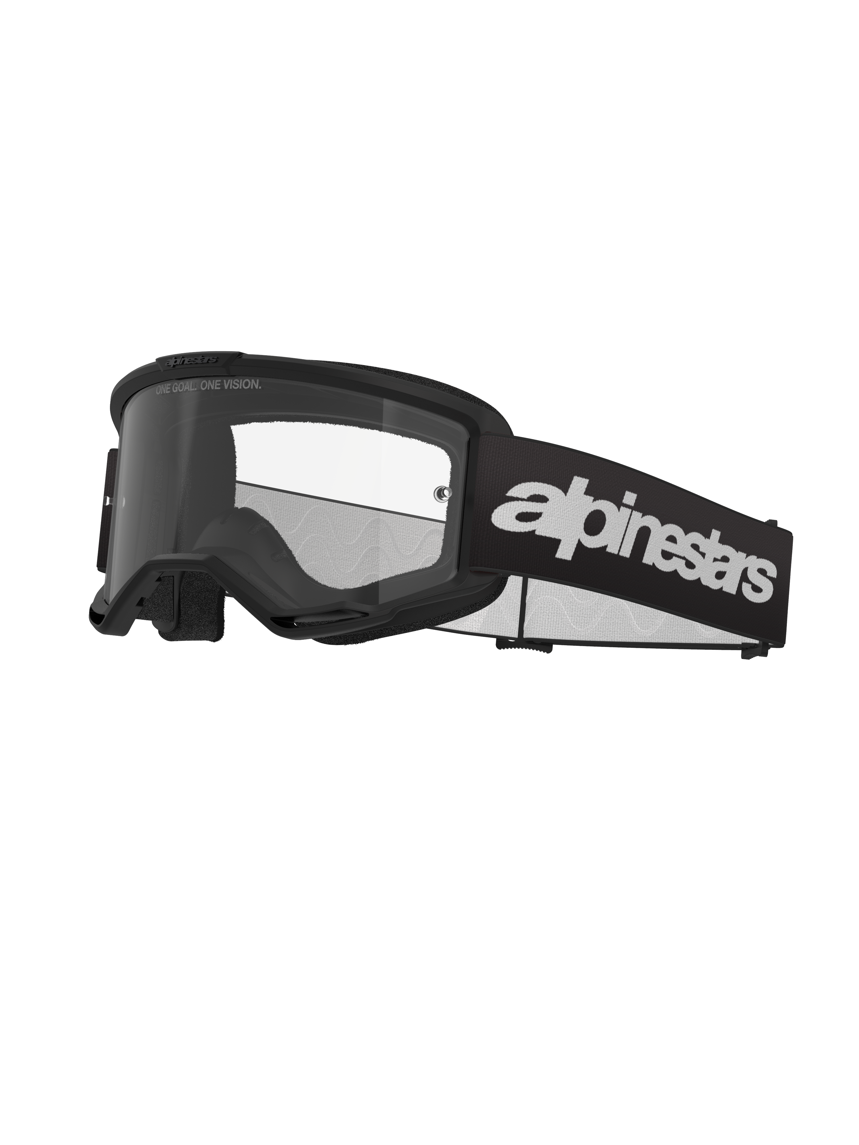 Alpinestars Vision 3 Wordmark Goggles, motocrossbriller, sort og klar, med markant hvid Alpinestars-branding på remmen, klar linse med 'ONE GOAL. ONE VISION.' tekst og et strømlinet, minimalistisk steldesign.