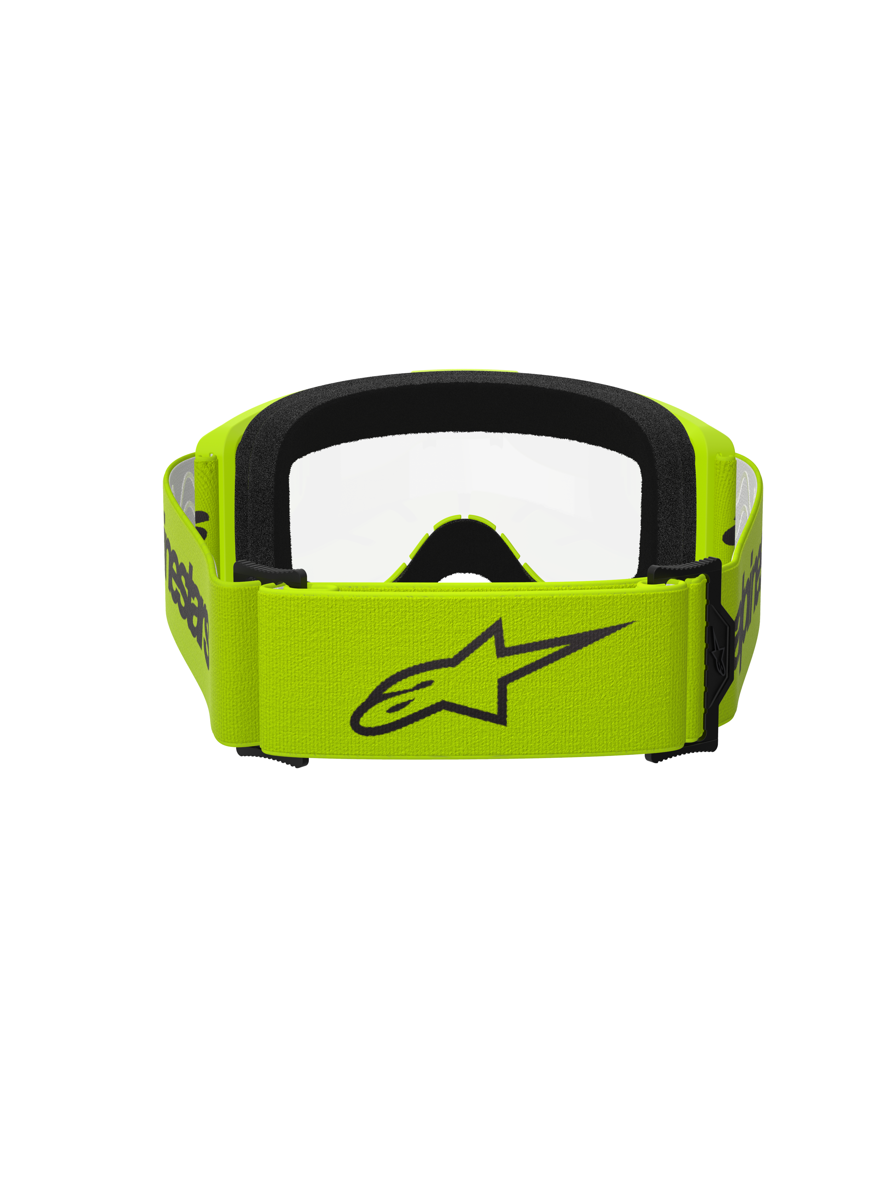 Alpinestars Vision 3 Wordmark Goggles, Motocross Goggles, Yellow Fluo with Clear lens, rear view showing wide yellow strap with black Alpinestars logo, black foam interior, durable design for off-road racing