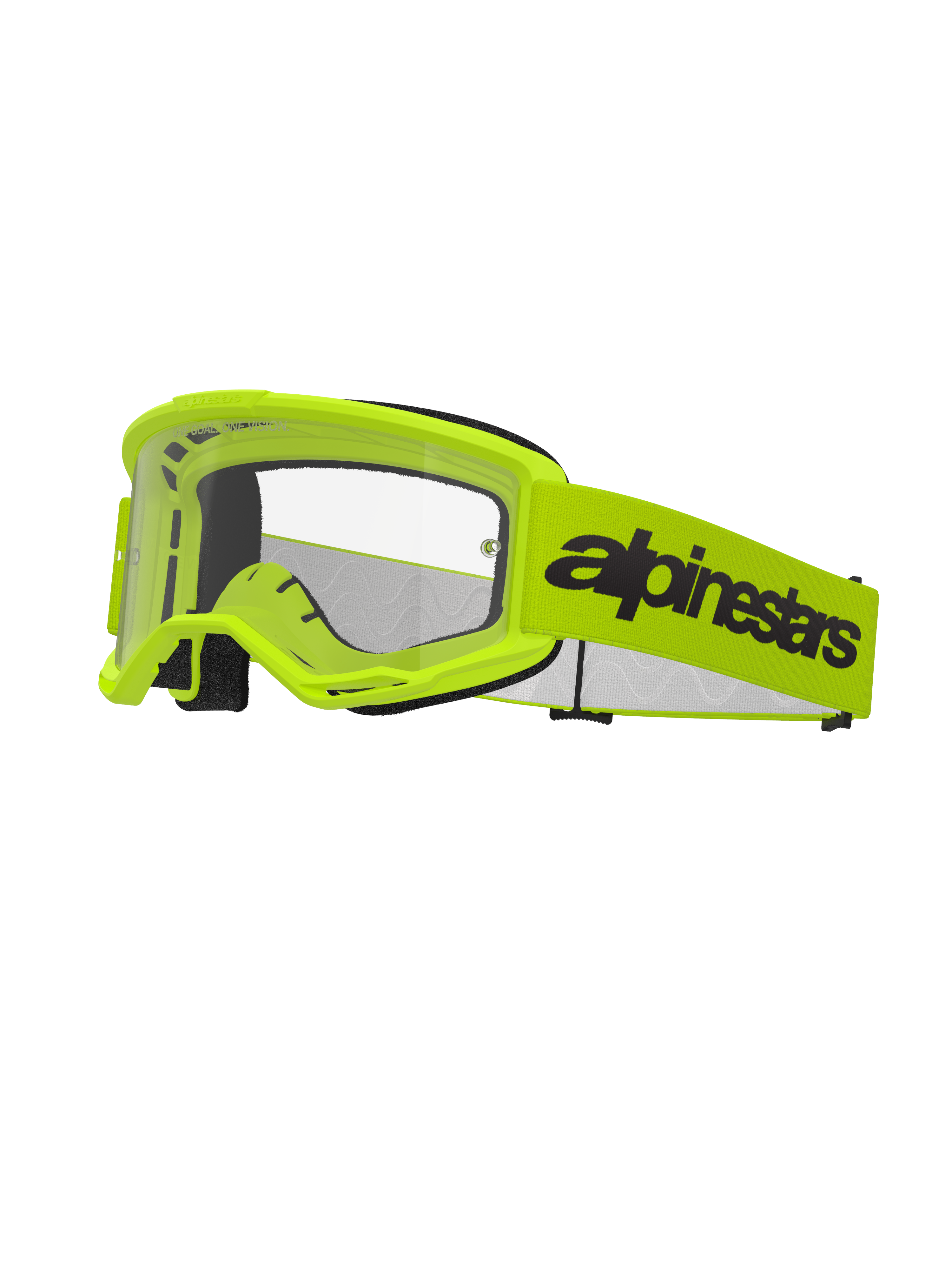 Alpinestars Vision 3 Wordmark beskyttelsesbriller, motocross-briller, neon gul og sort, klar linse, bred gul rem med markant sort logo-tekst, sort skumpolstring, racerbriller til terrænkørsel