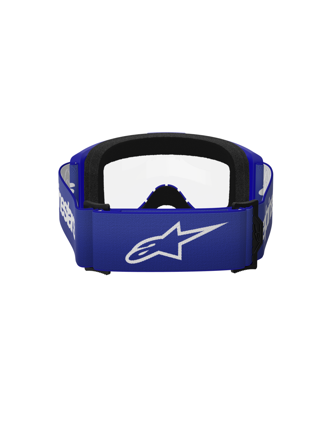 Alpinestars Vision 3 Wordmark Goggles, motocross goggles, blå og klar, set bagfra med en bred blå rem med hvidt A-star logo, sort skumpolstring og klar linse, designet til terrænkørsel