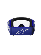 Alpinestars Vision 3 Wordmark Goggles, motocross goggles, blå og klar, set bagfra med en bred blå rem med hvidt A-star logo, sort skumpolstring og klar linse, designet til terrænkørsel