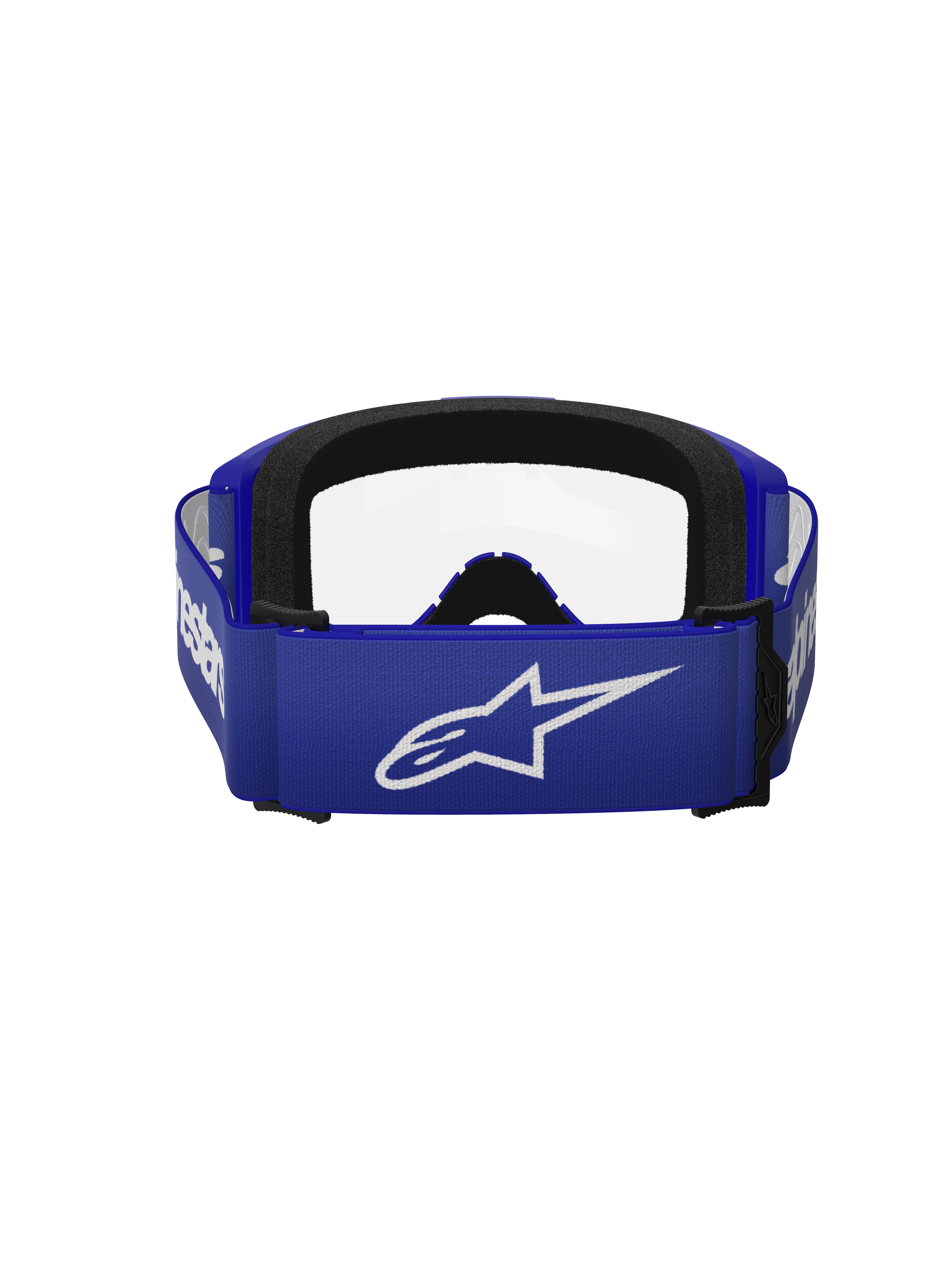 Alpinestars Vision 3 Wordmark Goggles, motocross goggles, blå og klar, set bagfra med en bred blå rem med hvidt A-star logo, sort skumpolstring og klar linse, designet til terrænkørsel