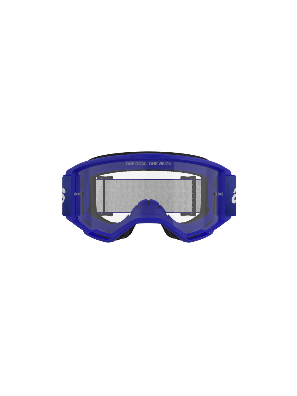 Alpinestars Vision 3 Wordmark Goggles, motocross-briller, blå og klar, set forfra med blå A-FLEX-ramme og klar anti-dug-linse med "ONE GOAL. ONE VISION."-tekst, bred blå rem med hvidt logo