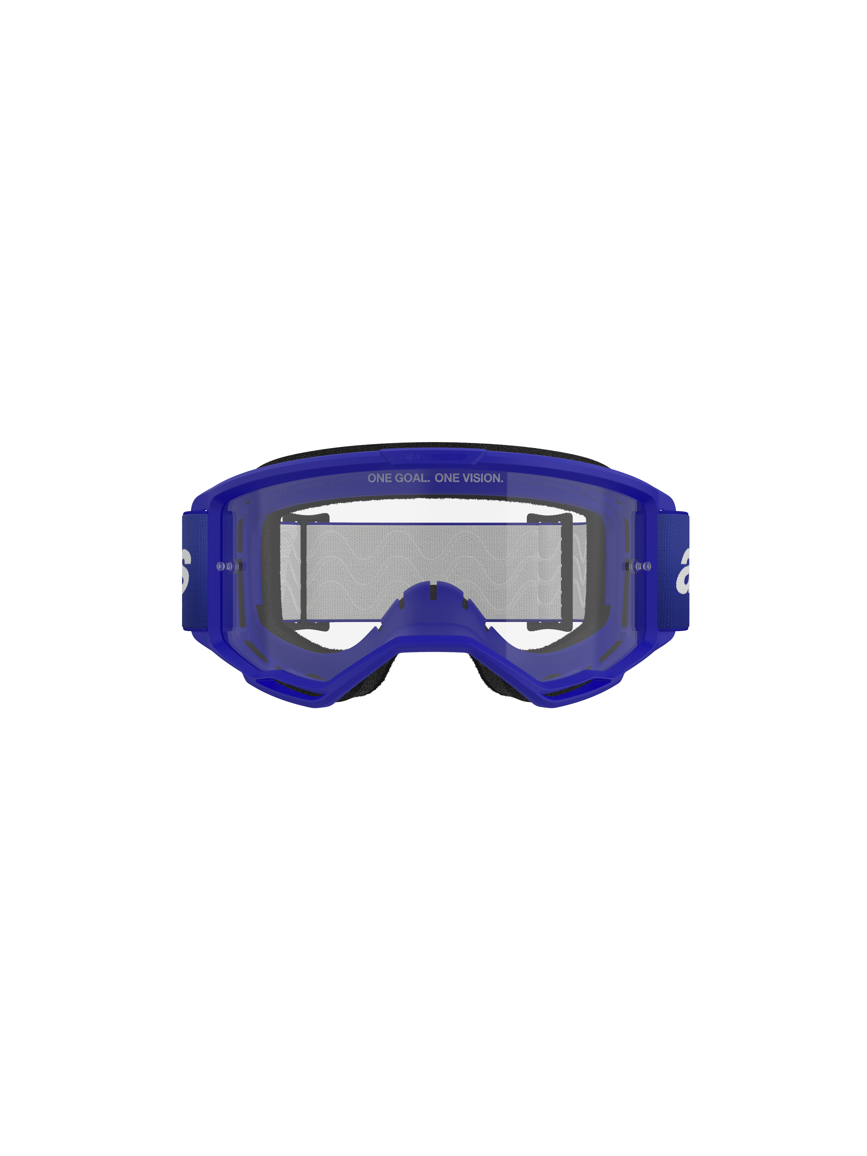 Alpinestars Vision 3 Wordmark Goggles, motocross-briller, blå og klar, set forfra med blå A-FLEX-ramme og klar anti-dug-linse med "ONE GOAL. ONE VISION."-tekst, bred blå rem med hvidt logo