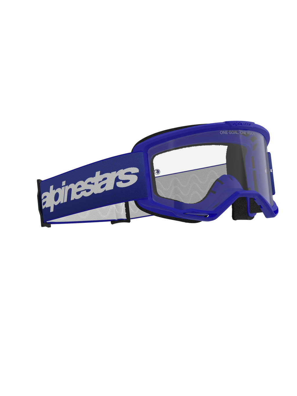 Alpinestars Vision 3 Wordmark Goggles, motocrossbriller, blå og klar, med en blå A-FLEX ramme, klar dugfri polycarbonatlinse og en bred mørkeblå rem med hvidt Alpinestars wordmark-logo, holdbar øjenbeskyttelse til off-road