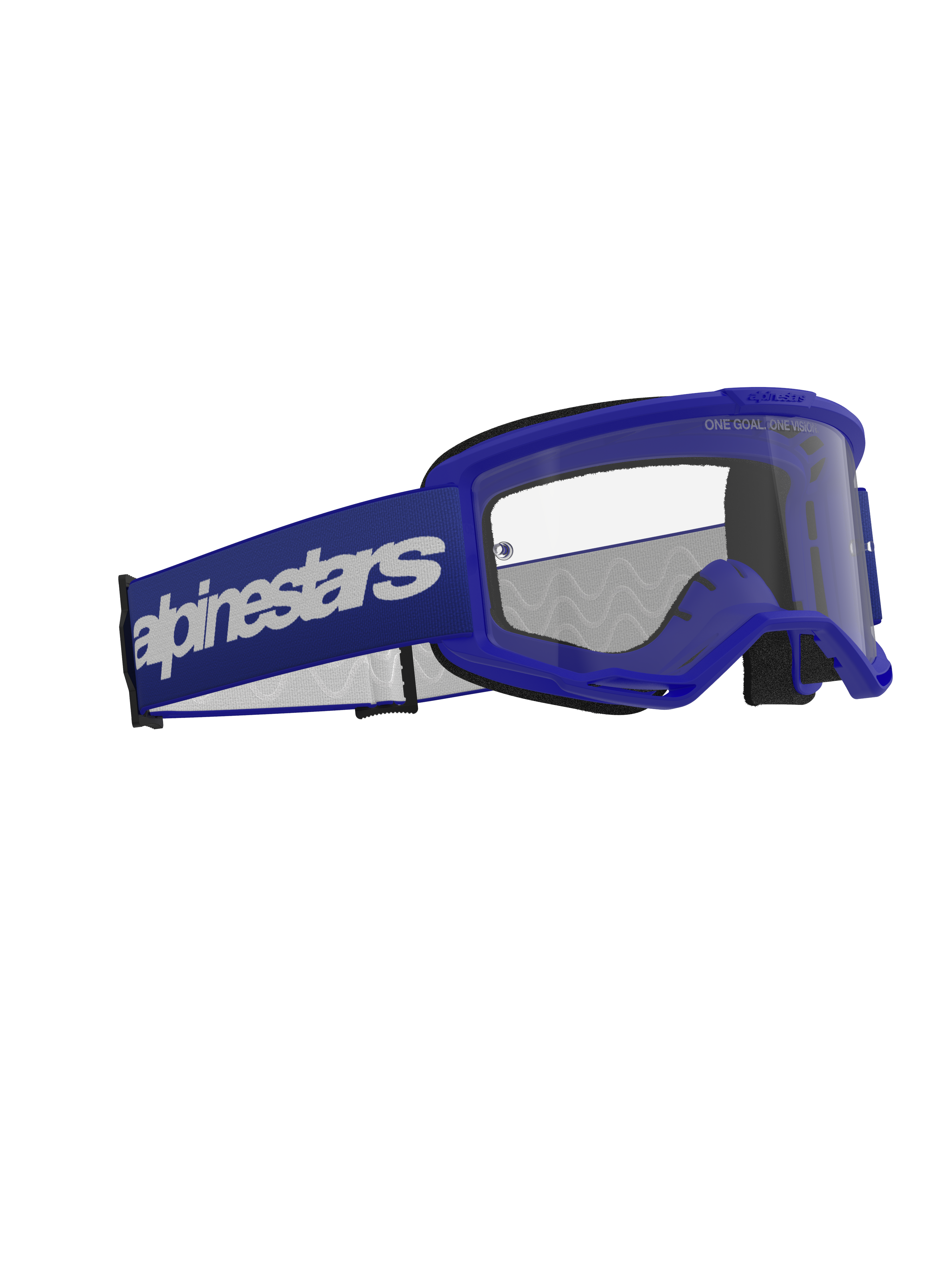 Alpinestars Vision 3 Wordmark Goggles, motocrossbriller, blå og klar, med en blå A-FLEX ramme, klar dugfri polycarbonatlinse og en bred mørkeblå rem med hvidt Alpinestars wordmark-logo, holdbar øjenbeskyttelse til off-road