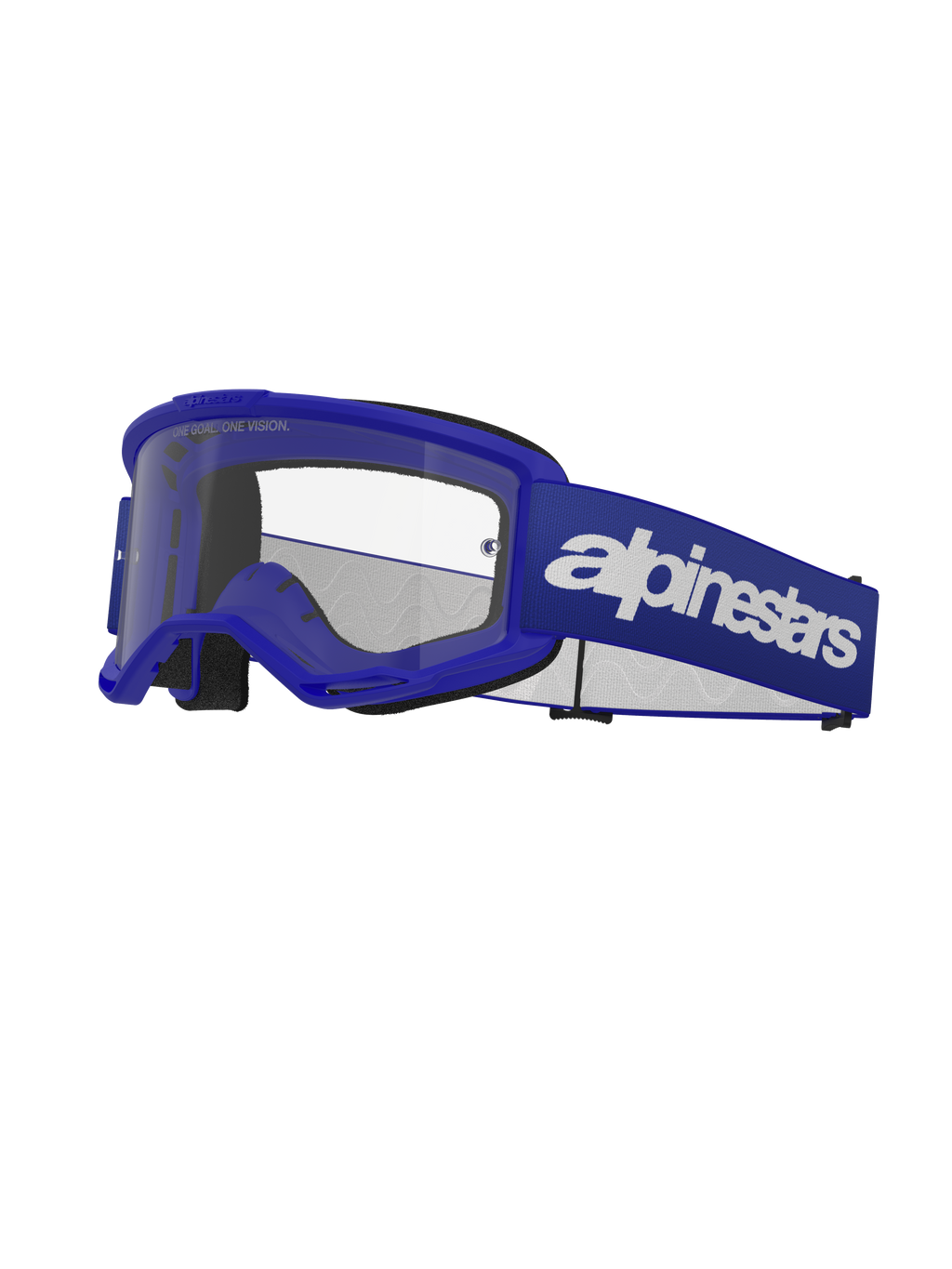 Alpinestars Vision 3 Wordmark Goggles, motocross-beskyttelsesbriller, blå og hvid, klar linse, sort skumpolstring, justerbar blå elastisk rem med hvidt tekstlogo, ventileret ramme
