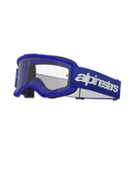 Alpinestars Vision 3 Wordmark Goggles, motocross-beskyttelsesbriller, blå og hvid, klar linse, sort skumpolstring, justerbar blå elastisk rem med hvidt tekstlogo, ventileret ramme