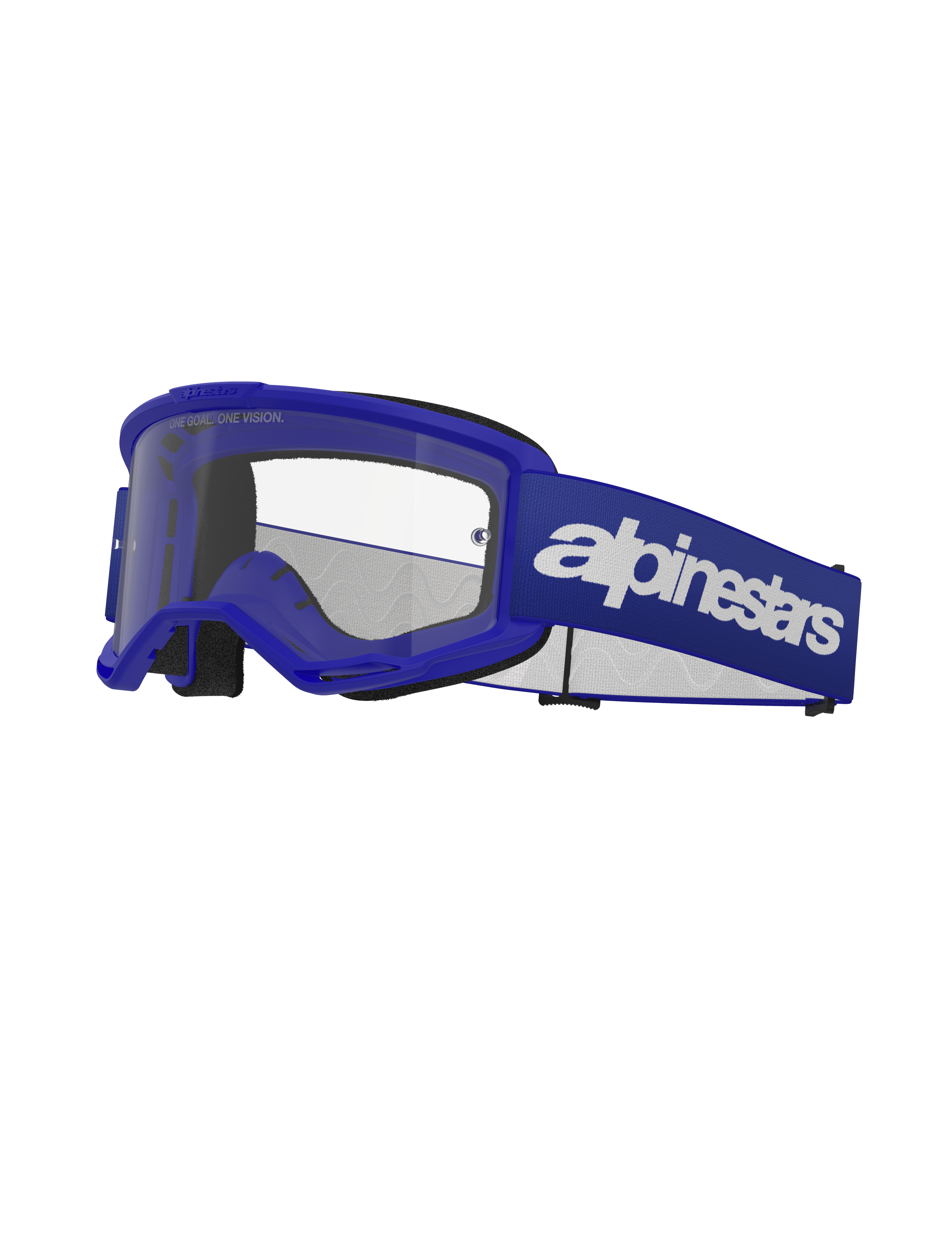 Alpinestars Vision 3 Wordmark Goggles, motocross-beskyttelsesbriller, blå og hvid, klar linse, sort skumpolstring, justerbar blå elastisk rem med hvidt tekstlogo, ventileret ramme