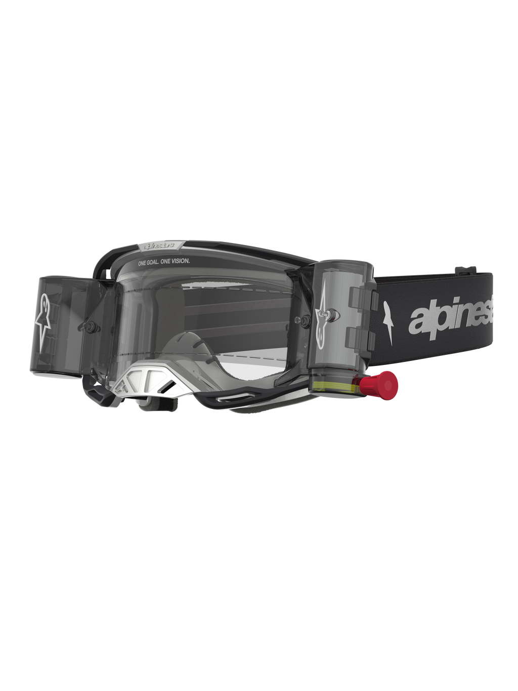 Alpinestars Vision 8 Amber Roll Off Goggles, motocross eyewear in black and silver with a clear roll-off lens system.