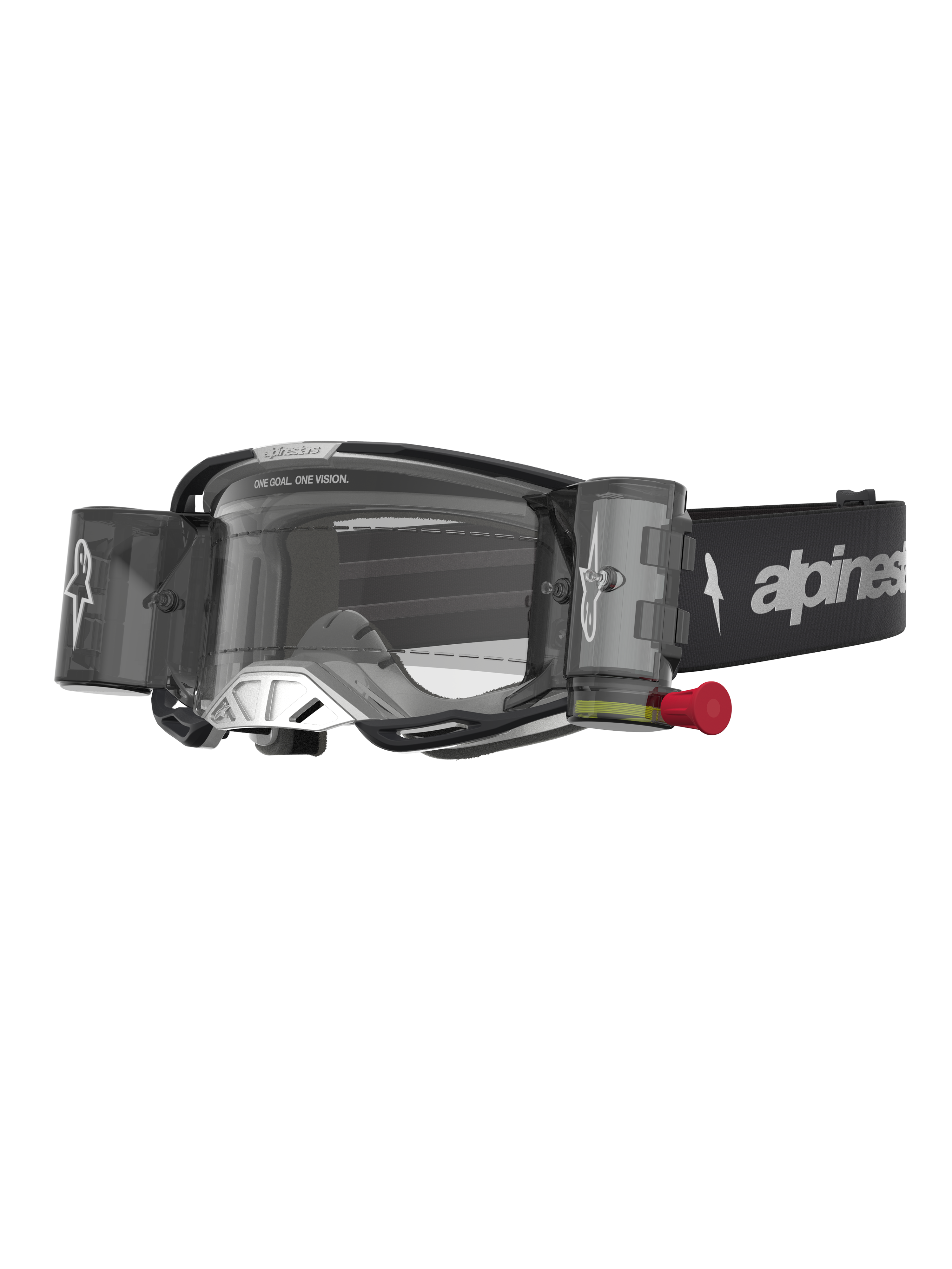 Alpinestars Vision 8 Amber Roll Off Goggles, sorte og sølvfarvede motocrossgoggles med klart roll off-system.