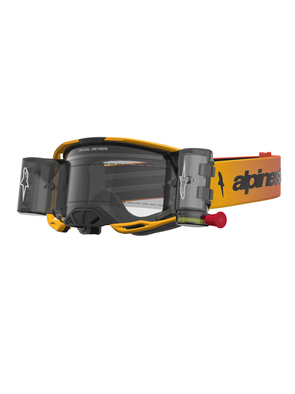 Alpinestars Vision 8 Amber Roll Off Goggles, gul og rød motocrossgoggles med integreret roll-off-system og klar linse.
